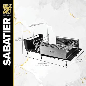 Sabatier Expandable Dish Drying Rack with Drainboard - Stainless Steel Dish Rack for Kitchen Counter, Stemware Holder and Utensil Caddy Included