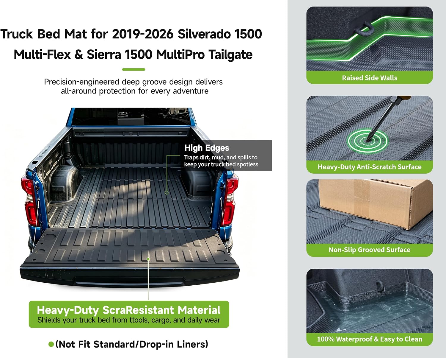 Truck Bed Liner&Tailgate Liner for 2019-2026 Chevrolet Chevy Silverado 1500(Only Multi-Flex Tailgate)&GMC Sierra 1500(Only Fit Multipro Tailgate),Bed Mat Accessories(Not Fit Drop-in Liners)