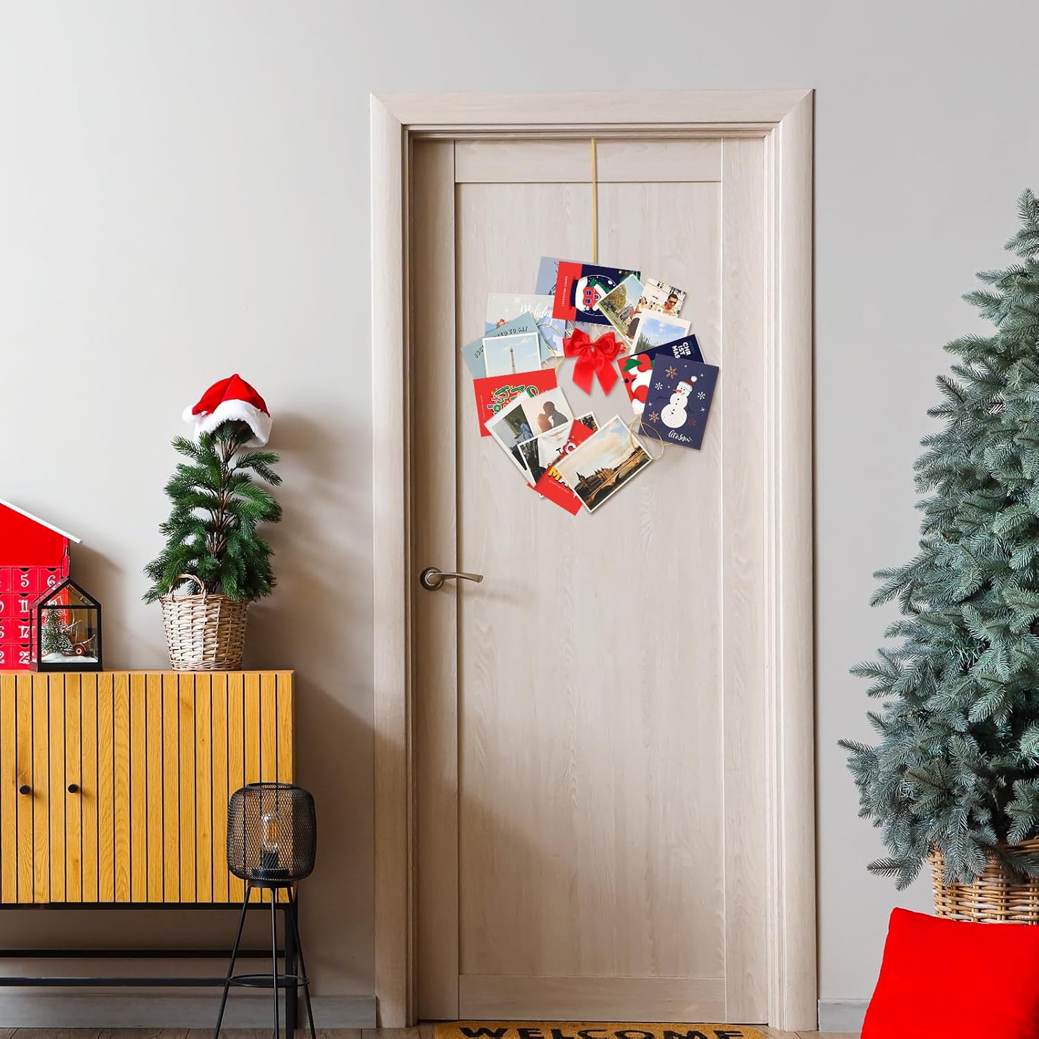 MorningRo 2 Set 6 Pcs Gold Christmas Card Wreath Holder for Front Door 13'' Spiral Metal Christmas Card Holder Display Set Xmas Greeting Photo Display with Red Bow Door Hanger for Home DIY Craft Decor