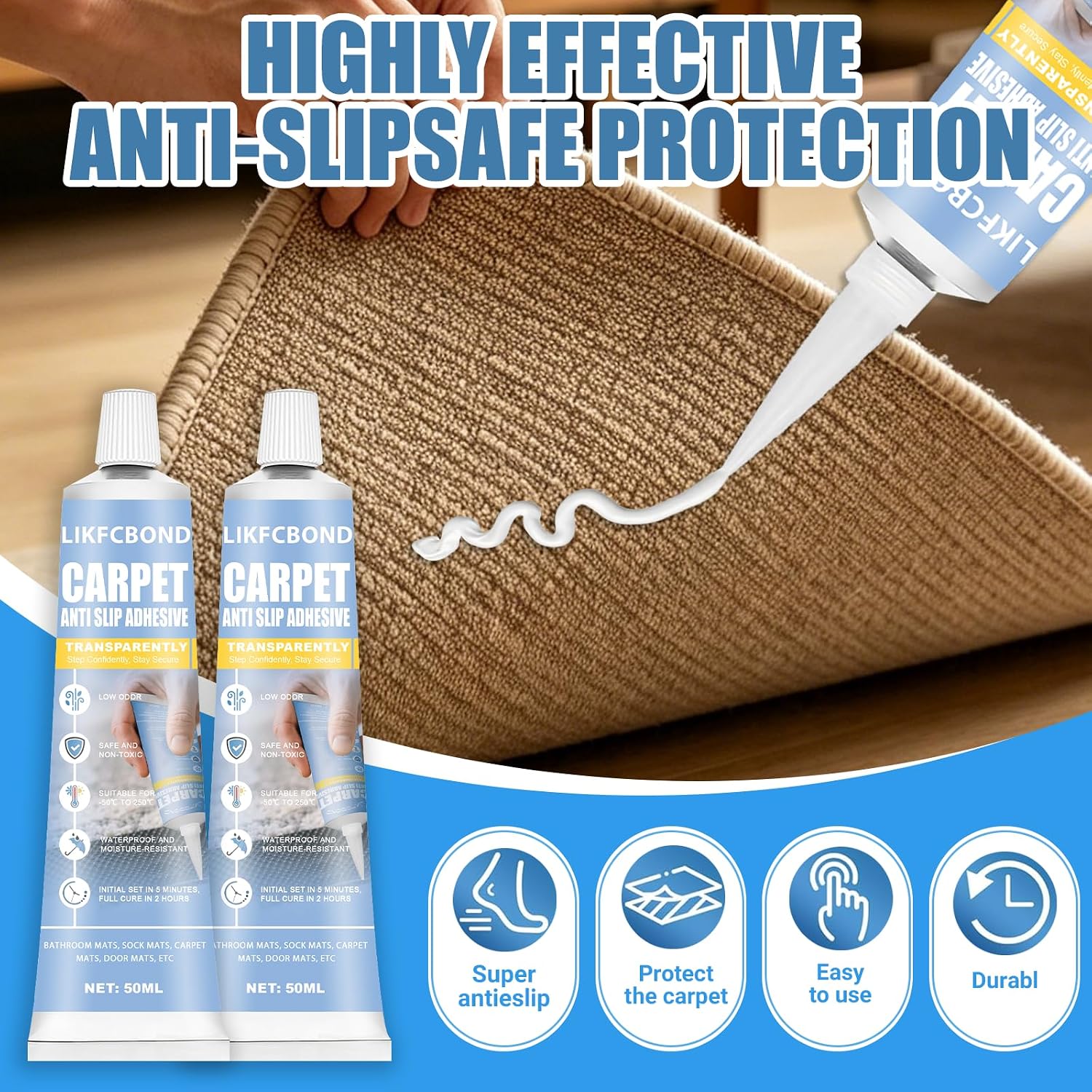 Carpet Glue Adhesive 3.38floz, Mat Stop Slip Glue for Bathroom | Clear, Anti-Slip Glue for Floor Mats, Runner Rug, Blankets