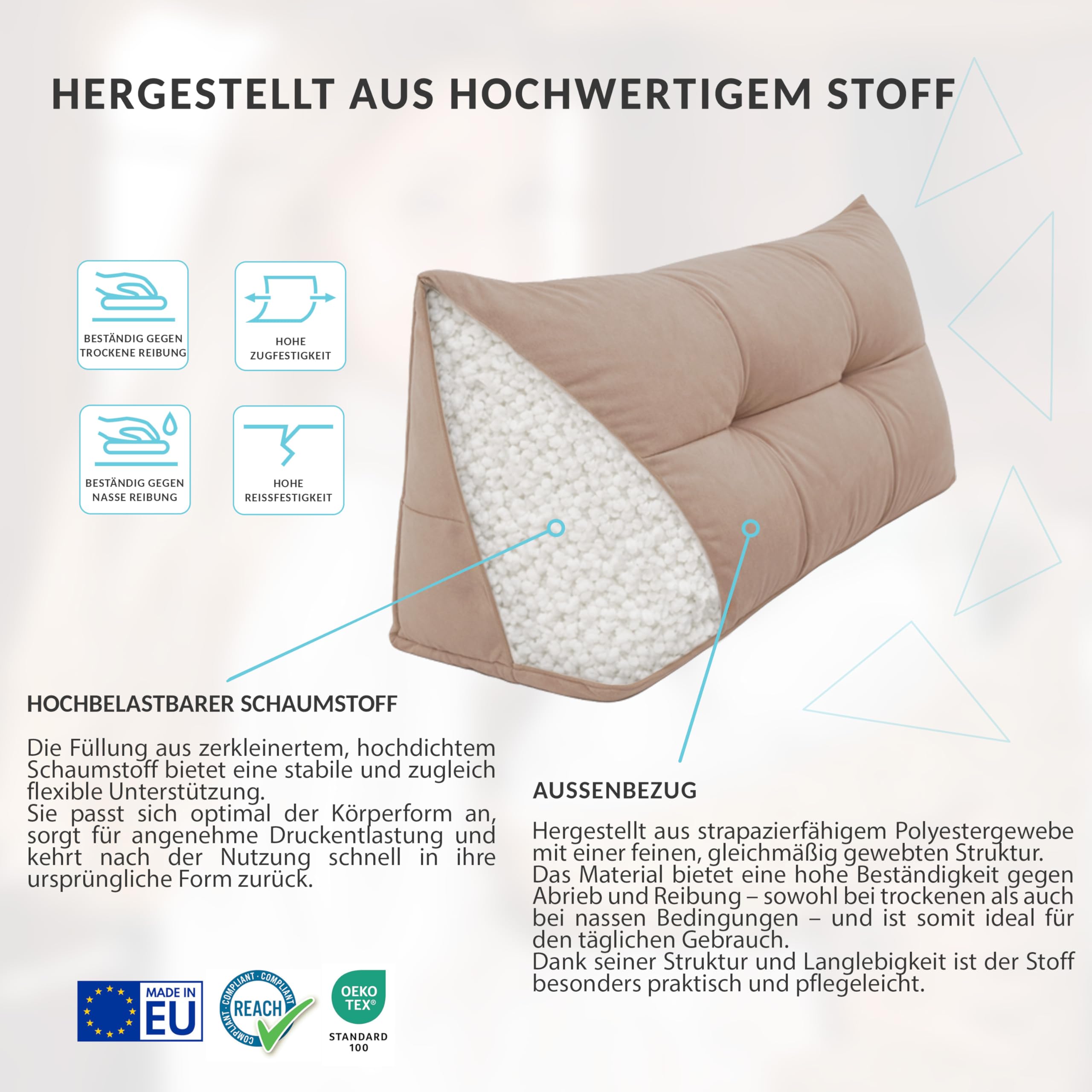 POKAR Rückenkissen 180x50x20 cm | Lesekissen für Bett und Sofa | Großes Keilkissen als Sofakissen für Rückenlehne | Wandkissen mit praktischen Seitentaschen | Oeko Tex 100 Zertifiziert | Grau