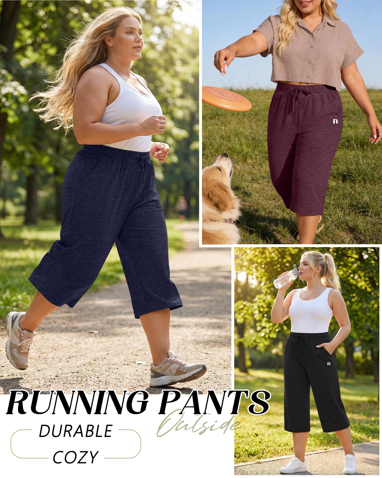 Neer 3er-Pack Damen-Caprihosen in Übergröße, Weite, lockere Hosen, lässige Capri-Jogginghosen mit Kordelzug und Taschen