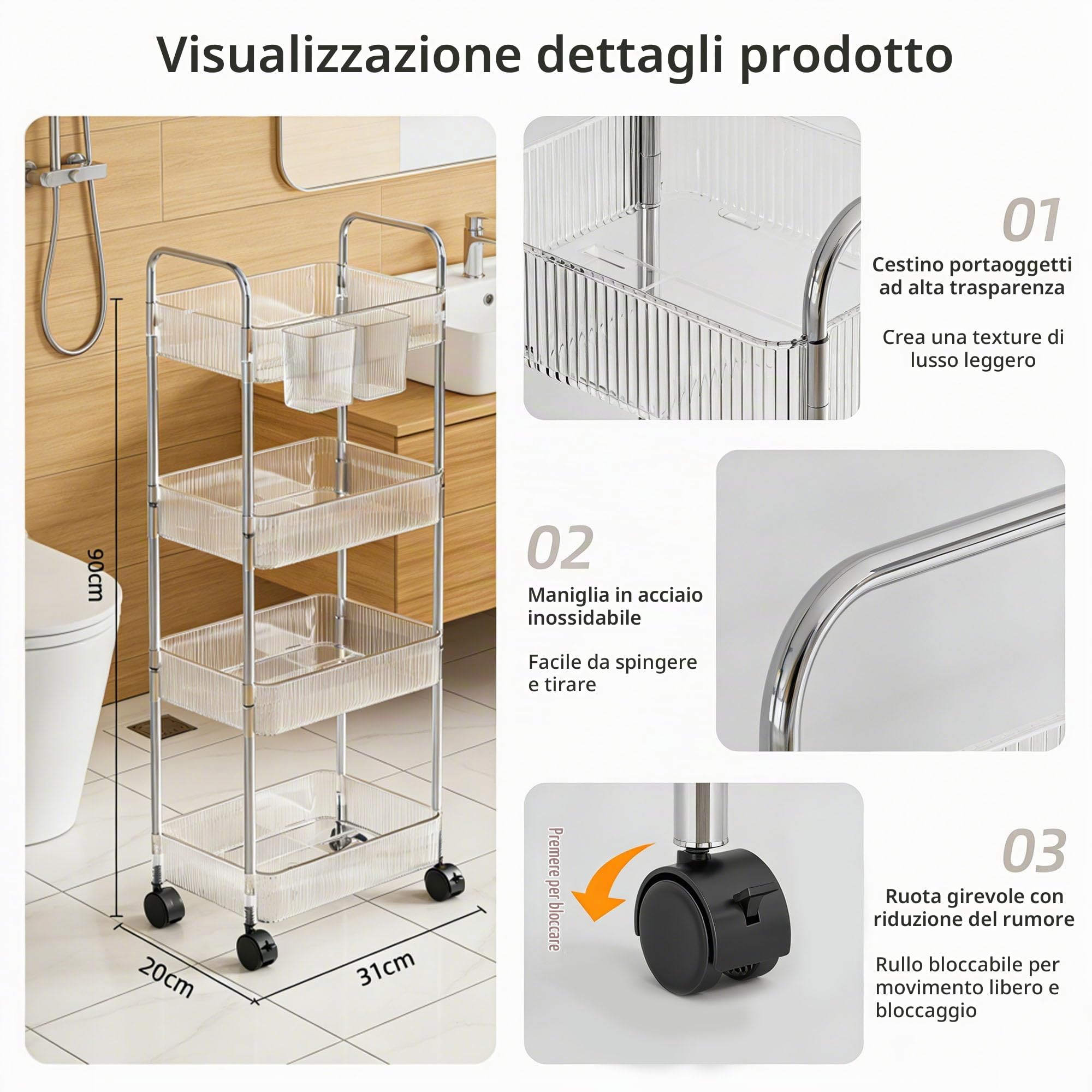 Carrello Portaoggetti a 4 Livelli, Carrello Con Ruote, Carrellino Piccoli Spazi, 90*31*20 cm, Carrello Con Ruote, Carrello Da Cucina Salvaspazio In Bagno Ufficio (Trasparente)