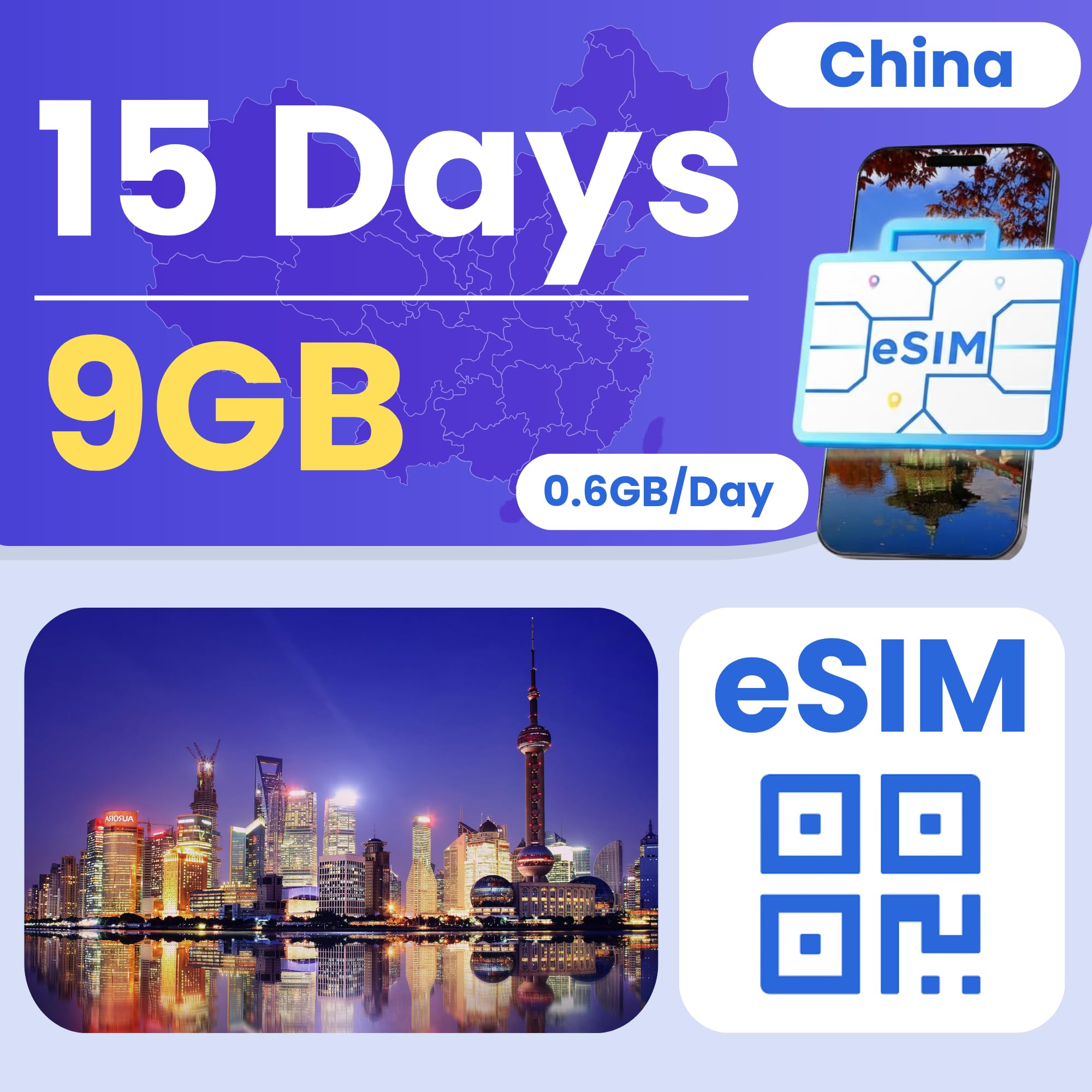China eSIM 9GB 15-Day 5G LTE Hotspot No Physical SIM