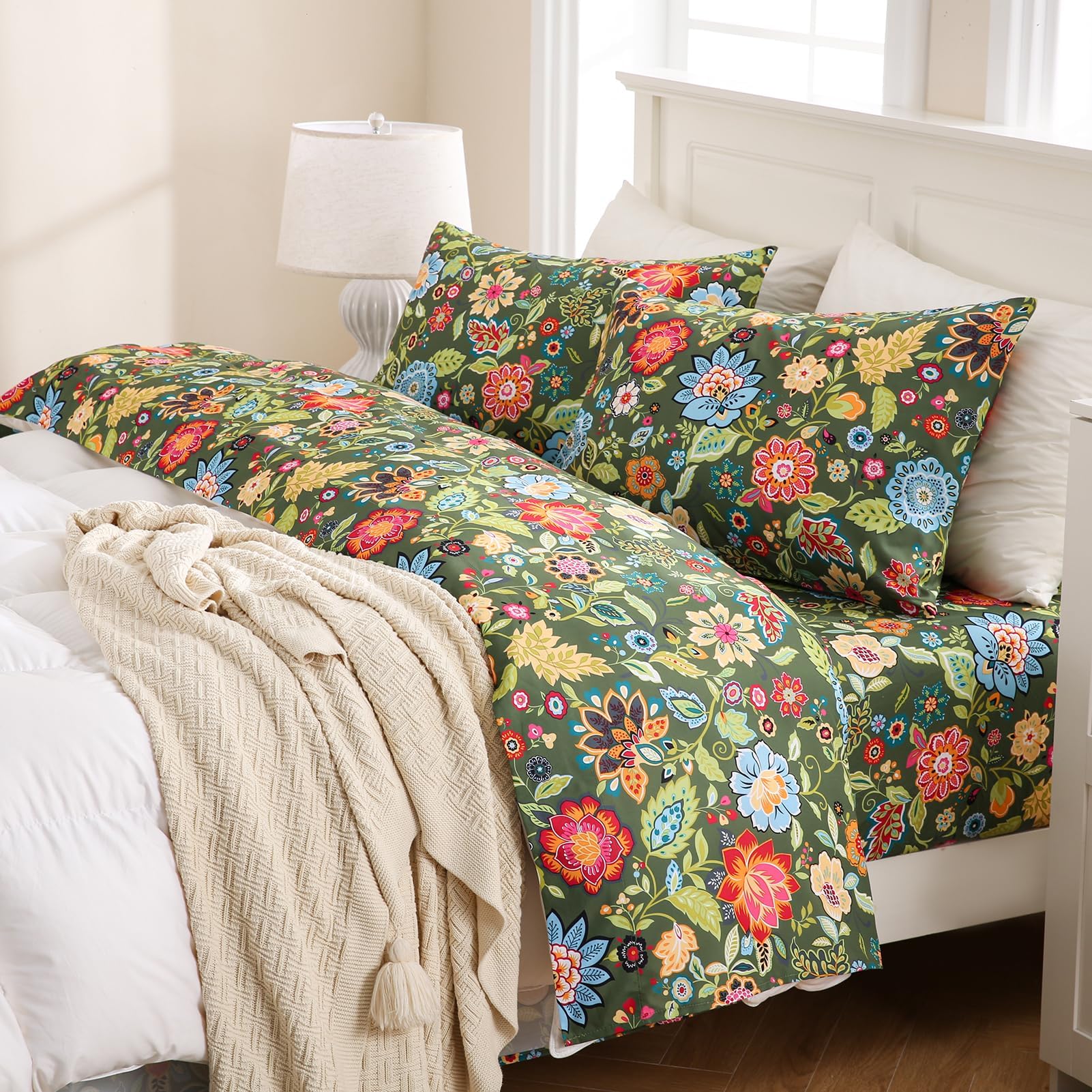 MEISHANG Queen Sheet Set - Ultra Soft Floral Sheets 100 Microfiber 1800 Thread Count Floral Bed Sheets Oeko-Tex