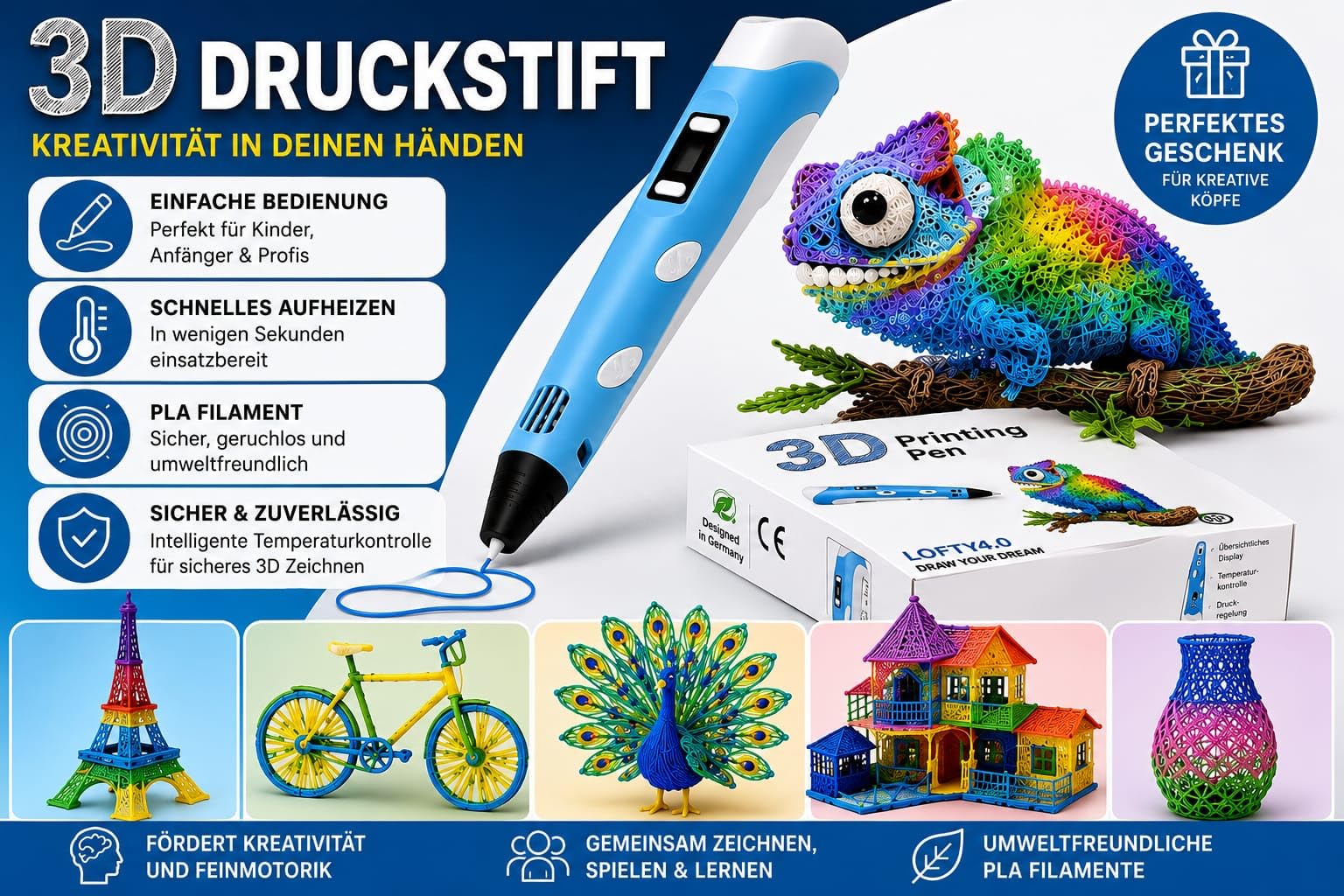 3D Stift für Kinder, 3D Stift Set, 3D Pen, Mit 15 Farben und 75 m Filament, + Malbuch
