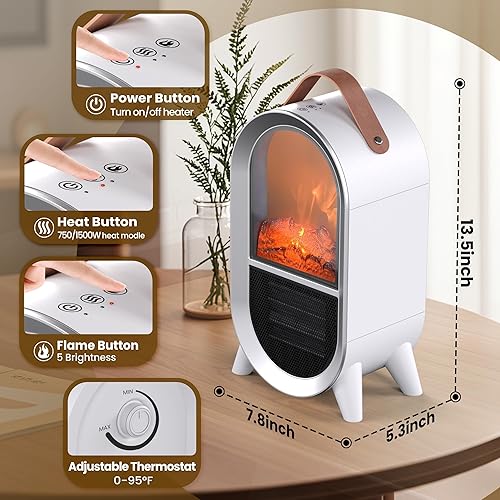 Miniatura 5 de Calentador eléctrico portátil de chimenea, 1500 W750 W, mini calentador de espacio para uso en interiores con llama 3D, termostato, asa de
