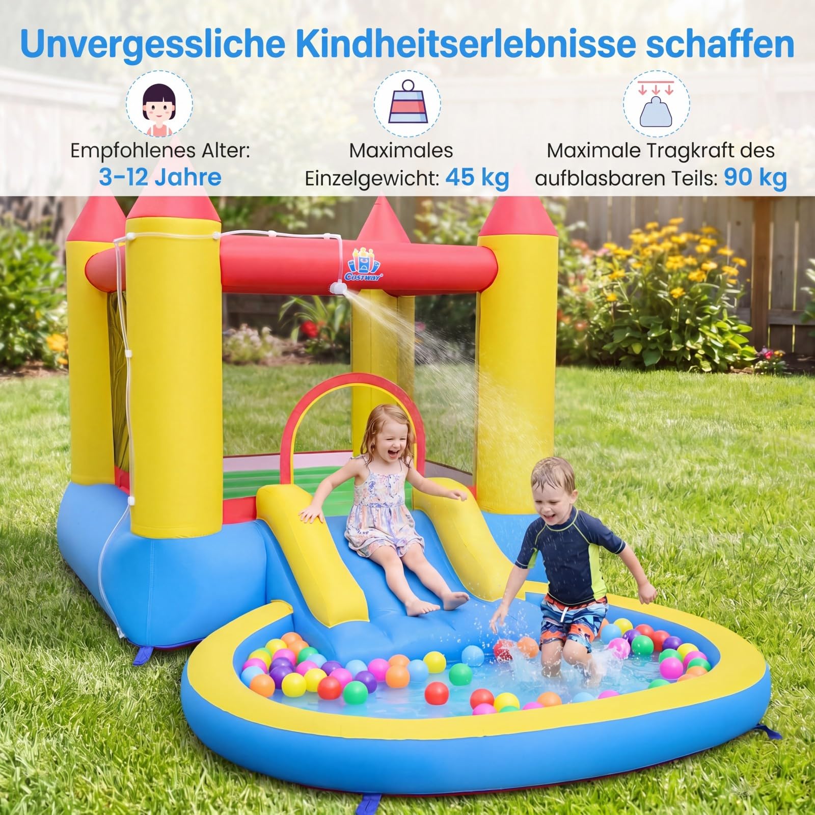 COSTWAY Hüpfburg mit Rutsche, Sprungbereich & Planschbecken, Bouncy Castle für Kinder, Innen- und Außenbereich, 362 x 196,5 x 193 cm