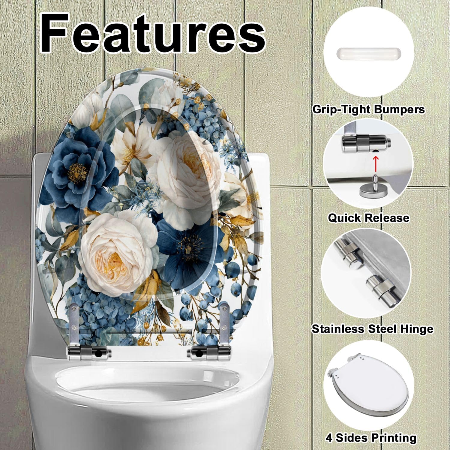 Elongated Toilet Seat Blue White Spring Flower Rose Plant Botanical Eucalyptus Leaf Girls Slow Close Soft Close Strong Stainless Steel Hinges Resin Toilet Seat Replacement Bathroom Accessories
