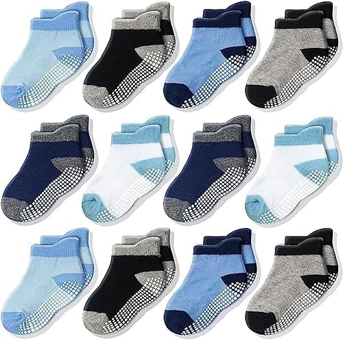 CozyWay Baby & Toddler Socks with Grippers Non Slip Ankle Grip Socks For Boys and Girls - Comfy Soft Cotton - 12 Pack