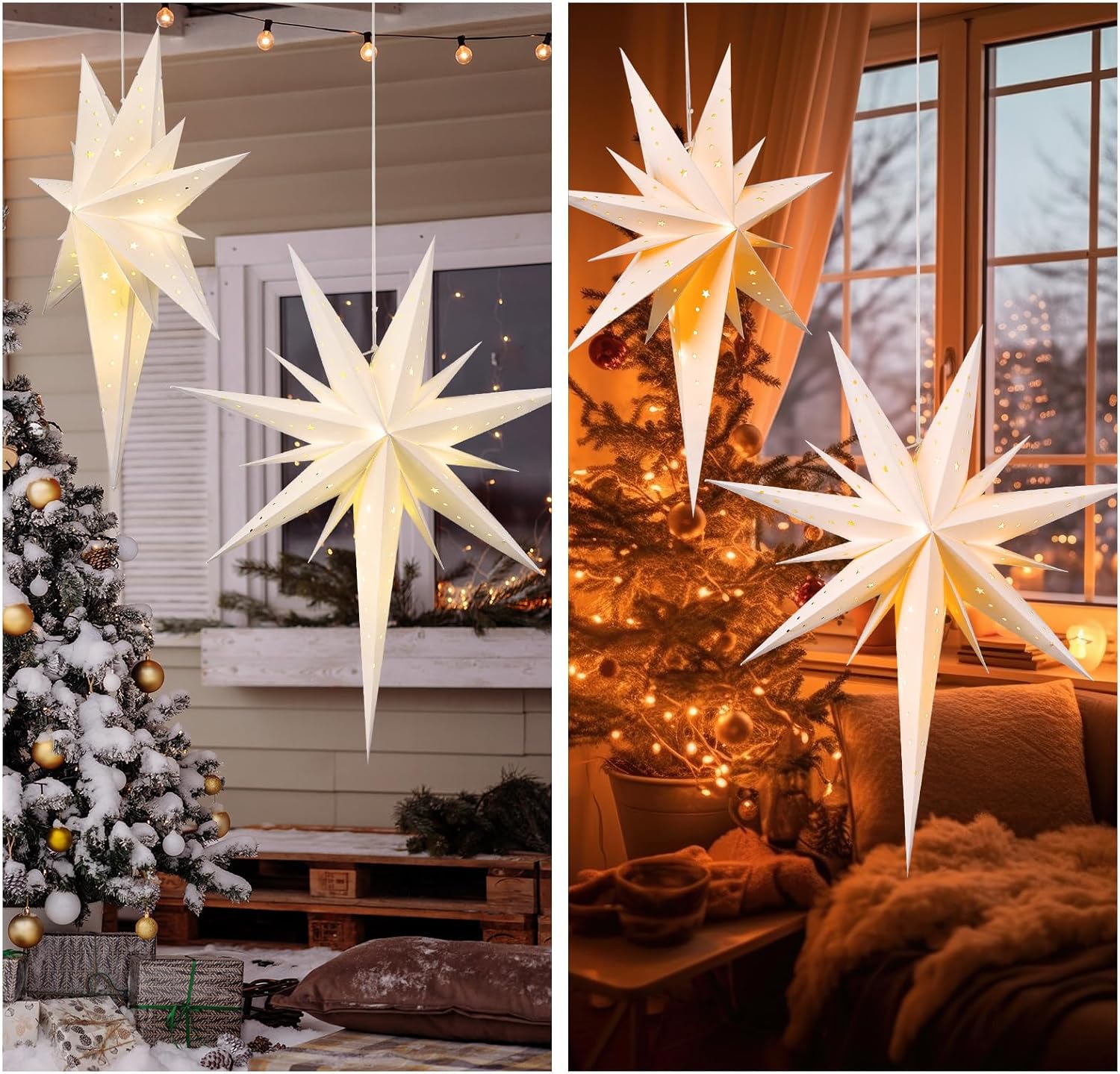 2 Set Lighted Bethlehem Paper Star Lanterns White Christmas Bethlehem Lights Decoration Fold Flat Xmas Star Hanging Lampshade Battery Operated for Holiday Indoor Outdoor Decor(26'')