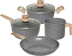 OSTER JOGO DE PANELAS E LEITEIRA MARBLE EDITION DARK GREY – 4 PEÇAS COM REVESTIMENTO CERÂMICO ANTIADERENTE, ALÇAS EM SILICONE ANTITÉRMICO E BASE COMPATÍVEL COM INDUÇÃO