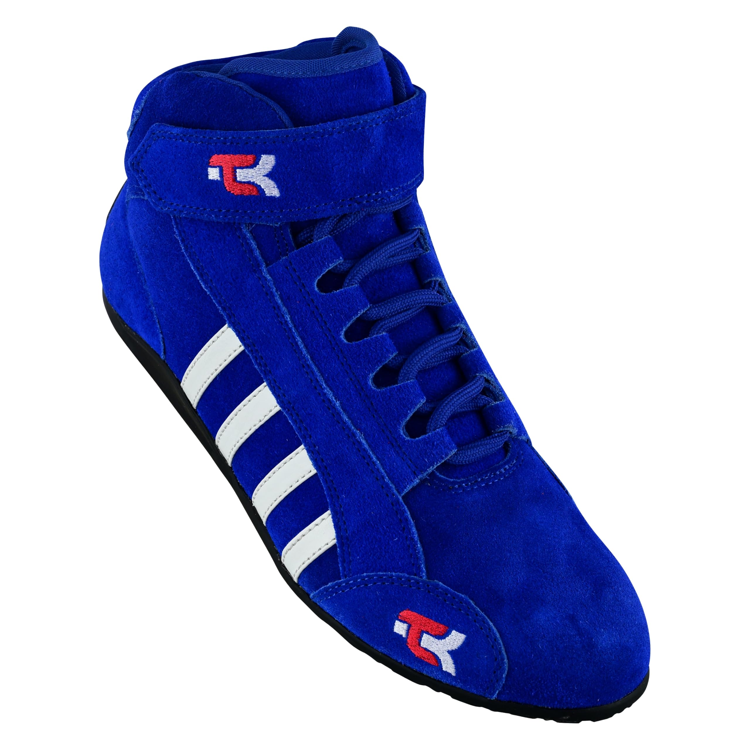 TK Bottes de karting pour enfants avec semelle haute adhérence, coupe moyenne avec sangle, chaussures de course Go Kart en cuir pur, noir, rouge, bleu