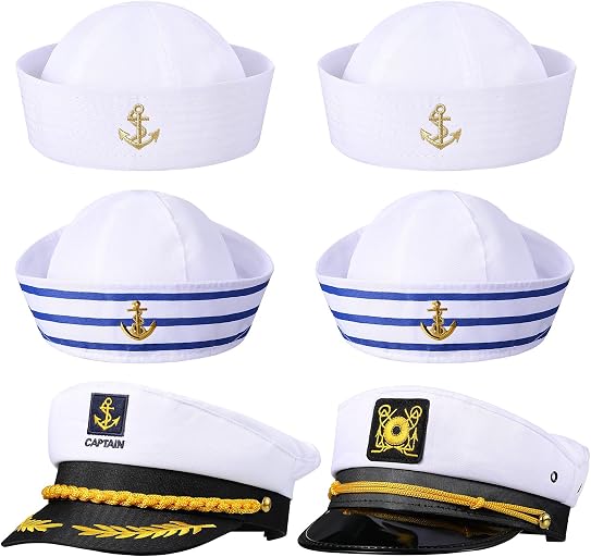 SATINIOR 6 Pcs Yacht Captain Hat Sailor Cap, White, Women Men