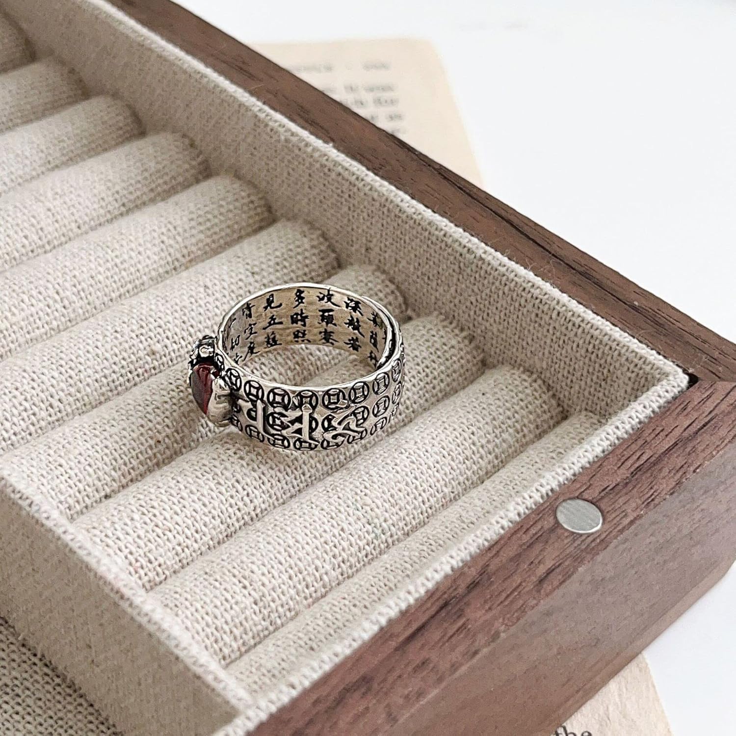 925 Sterling Silver Pixiu Garnet Ring, Vintage Engraved Scriptures Open Adjustable Ring for Men, Birthstone Wide Knuckle Ring Band