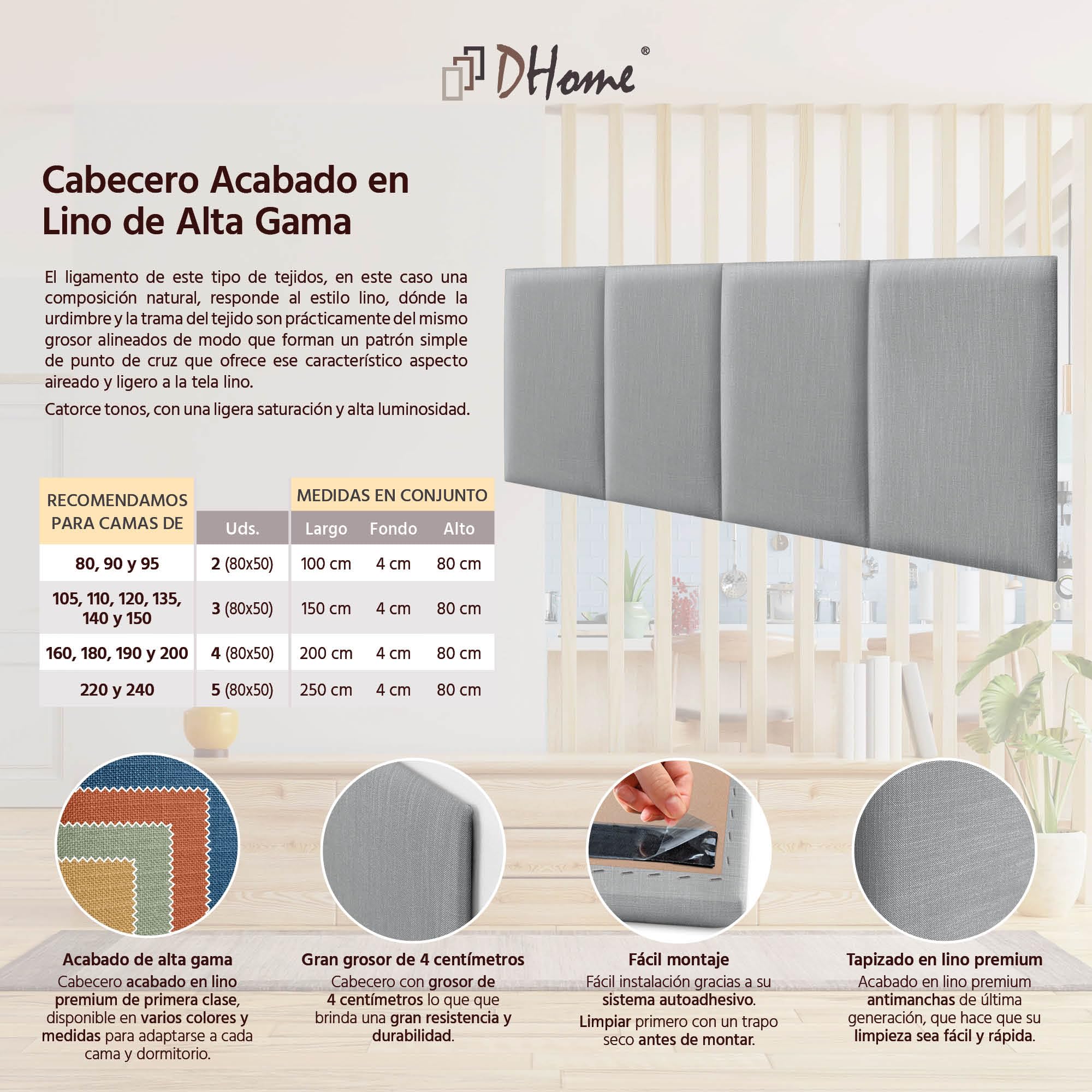 DHOME Cabecero Tapizado Lino Natural Liso Antimanchas Diseño Modular Vertical Autoadhesivo Cabezal Cama Dormitorio Acolchado (Gris Claro, 135cm, Altura 80cm, x3)