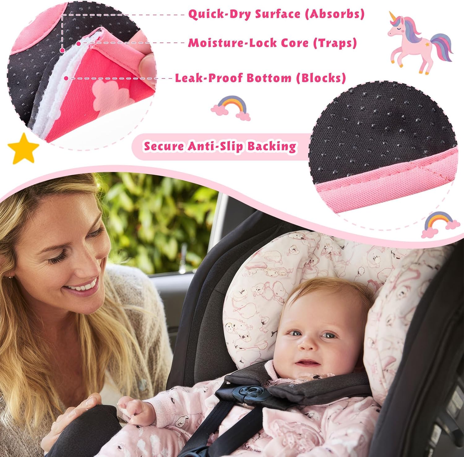 2 Pack Potty Training Car Seat Protector Waterproof Soft Piddle Pad for Baby Stroller Pink Unicorn Heart Shape Leak Proof Non Slip Car Seat Liner for Baby Infant Toddler Girl Toilet Training