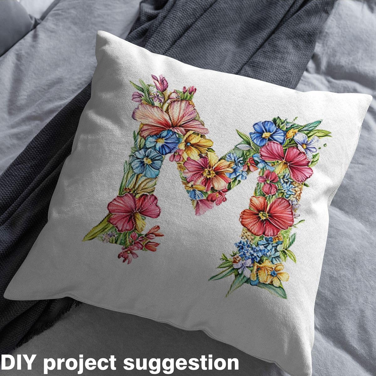 Loussiesd Flanne florale Tissu 460x150cm lettre initiale douce M Tissus au Metre pour coussin de chaise de canapé Décor imprimé botanique pour projets d'artisanat de couture bricolage