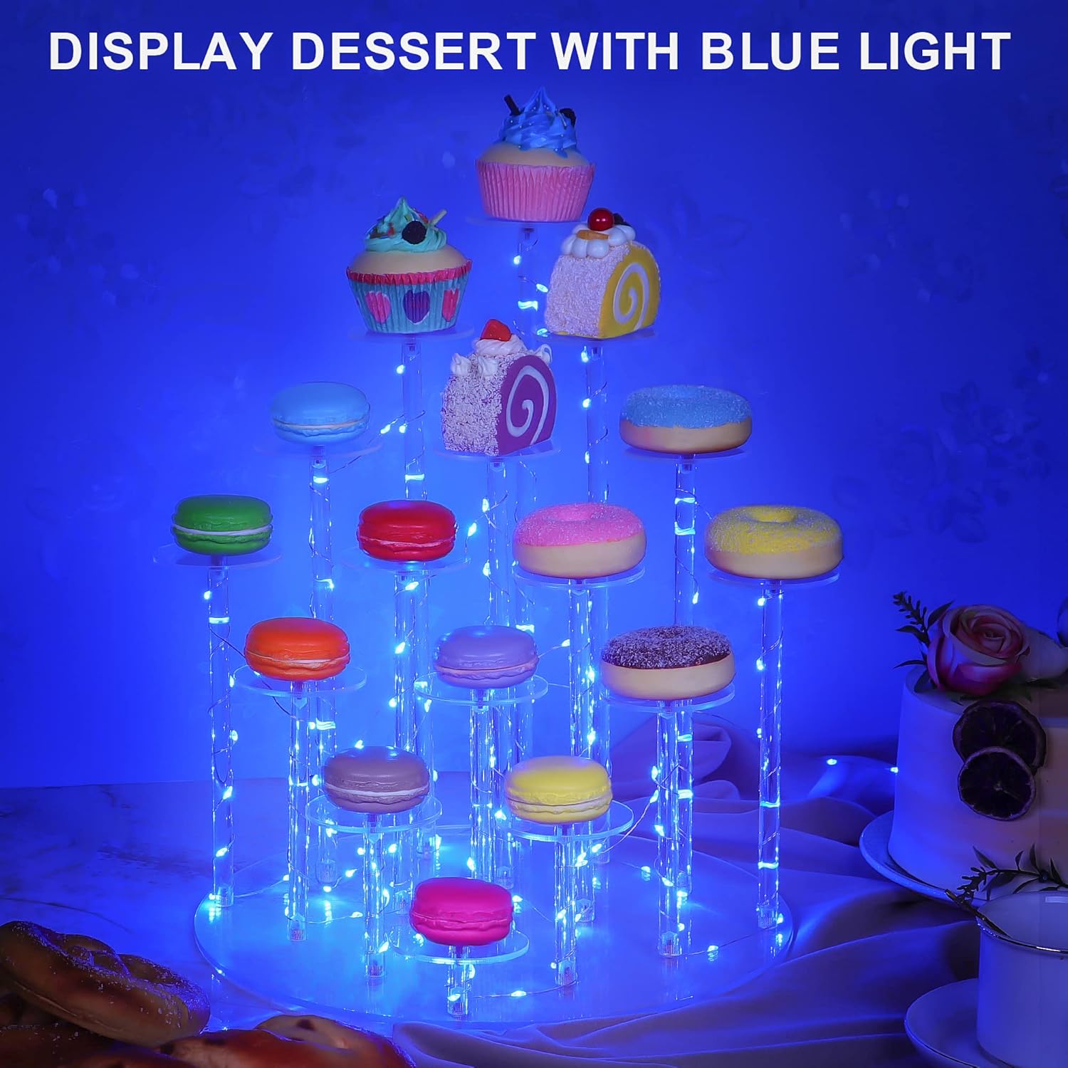 YestBuy Cupcake Stand - Premium Cake Pop Holder - Cakes Dessert Display Stands for 16 Cupcakes + LED Blue Light String - Ideal for Weddings, Birthday Parties, Candlelight Dinner