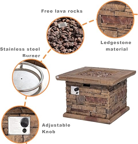Miniatura 4 de COSIEST Mesa para fogata de propano para exteriores con piedra ledgestone marrón sintética de 32 pulgadas, certificado CSA, quemador de acero