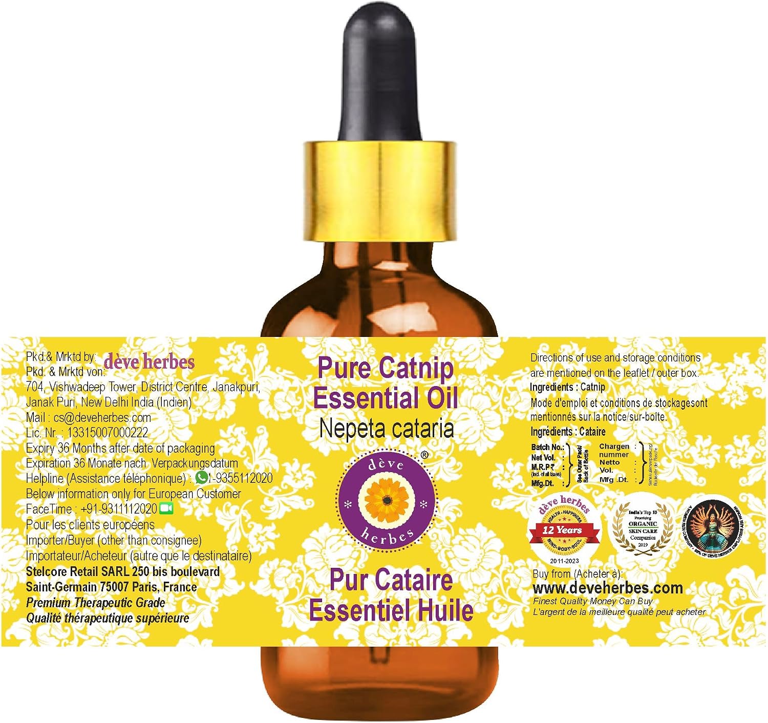dève herbes Catnip Essential Oil (Nepeta cataria) with Glass Dropper | Pure | Non-Sticky | Non-Greasy | Lightweight | Men & Women | All Skin Types | Steam Distilled 5ml (0.16 oz)