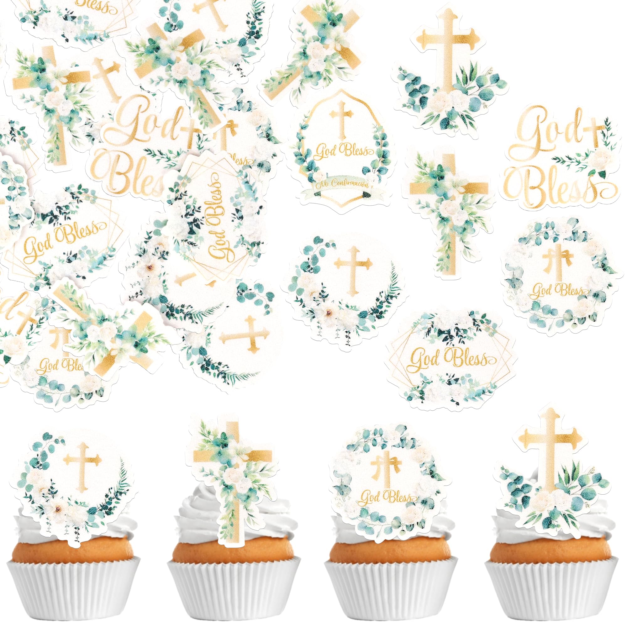 60 Pack Edible God Bless Religious Cupcake Toppers Cross Faith Cake Toppers Rice Paper Wafer Paper Cupcake Picks for First Holy Communion Baptism Baby
