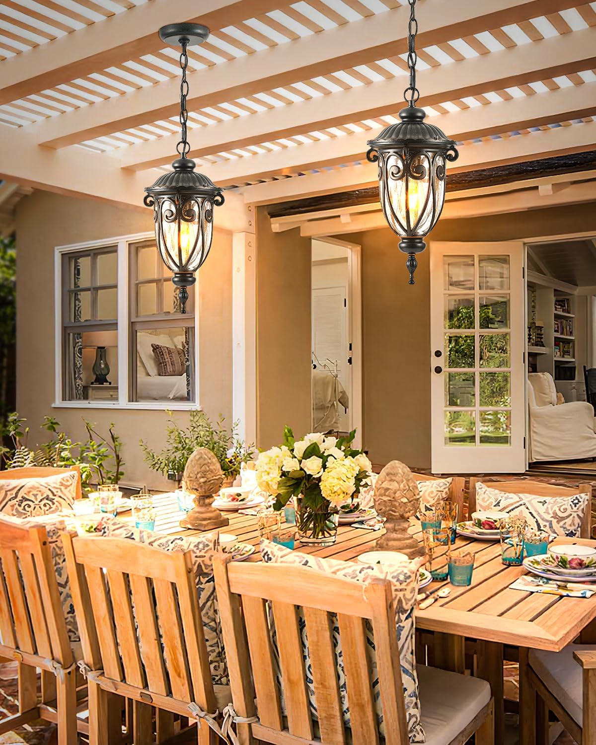 VIANIS Outdoor Pendant Light Lantern, Farmhouse Outdoor Chandelier, Vintage Outdoor Hanging Lights with Seed Glass, Brown Ceiling Lights for Porch, Porch Lights Ceiling for House