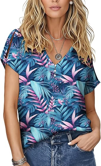 Womens Hawaii Shirt Summer Fashion Casual Short Sleeve V Neck Tunic Tops Graphic Loose Blouse Beach Vacation