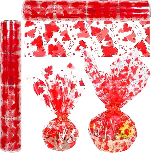 DIYASY Rollo de celofán con diseño de corazones, 100 pies x 32 pulgadas, bolsas de celofán para el día de San Valentín, 2.3 mil de grosor,