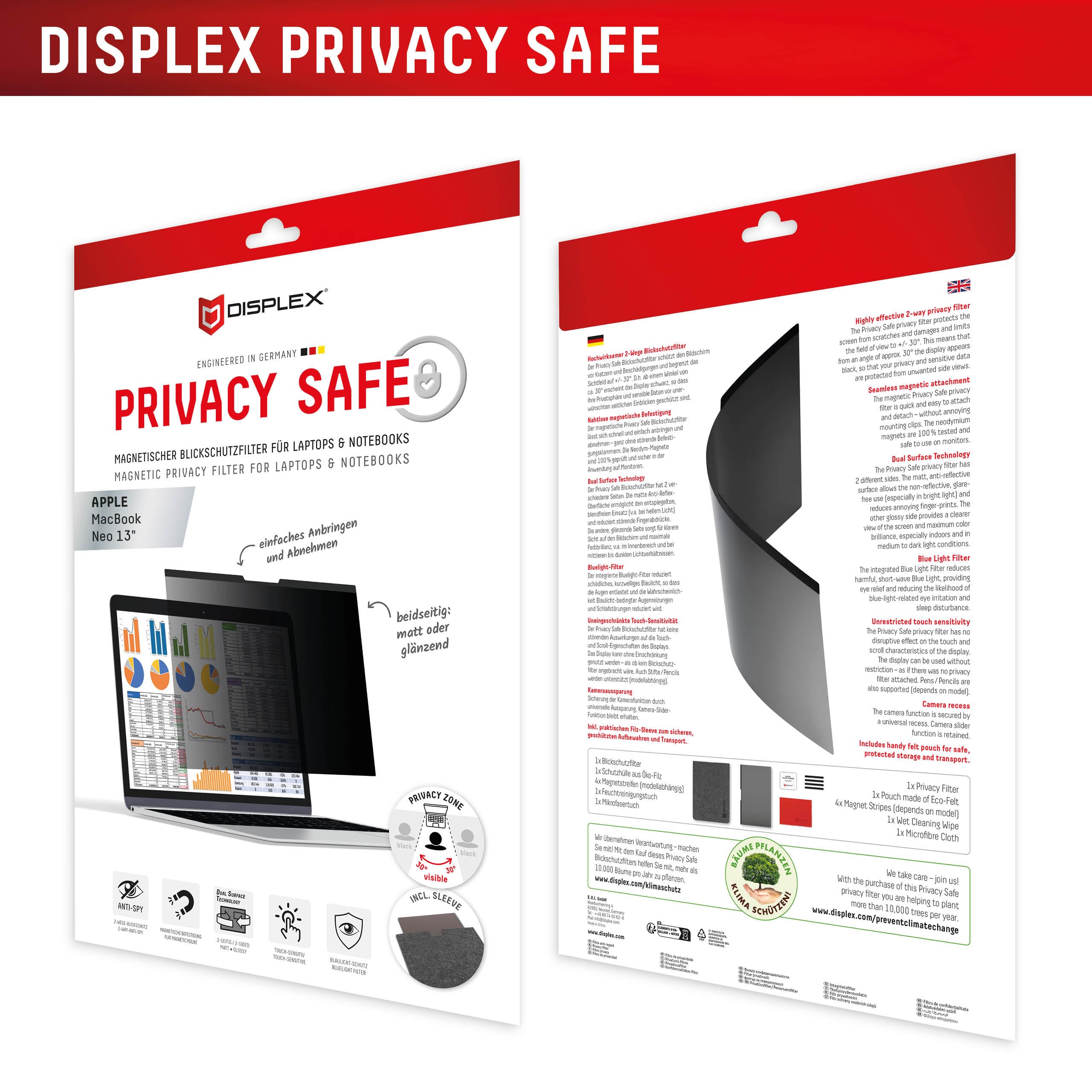 Displex Privacy Safe - Filtro de privacidad magnético de 2 vías para MacBook Neo de 13 pulgadas, fijación magnética, extraíble, antirreflejos y protector de pantalla brillante