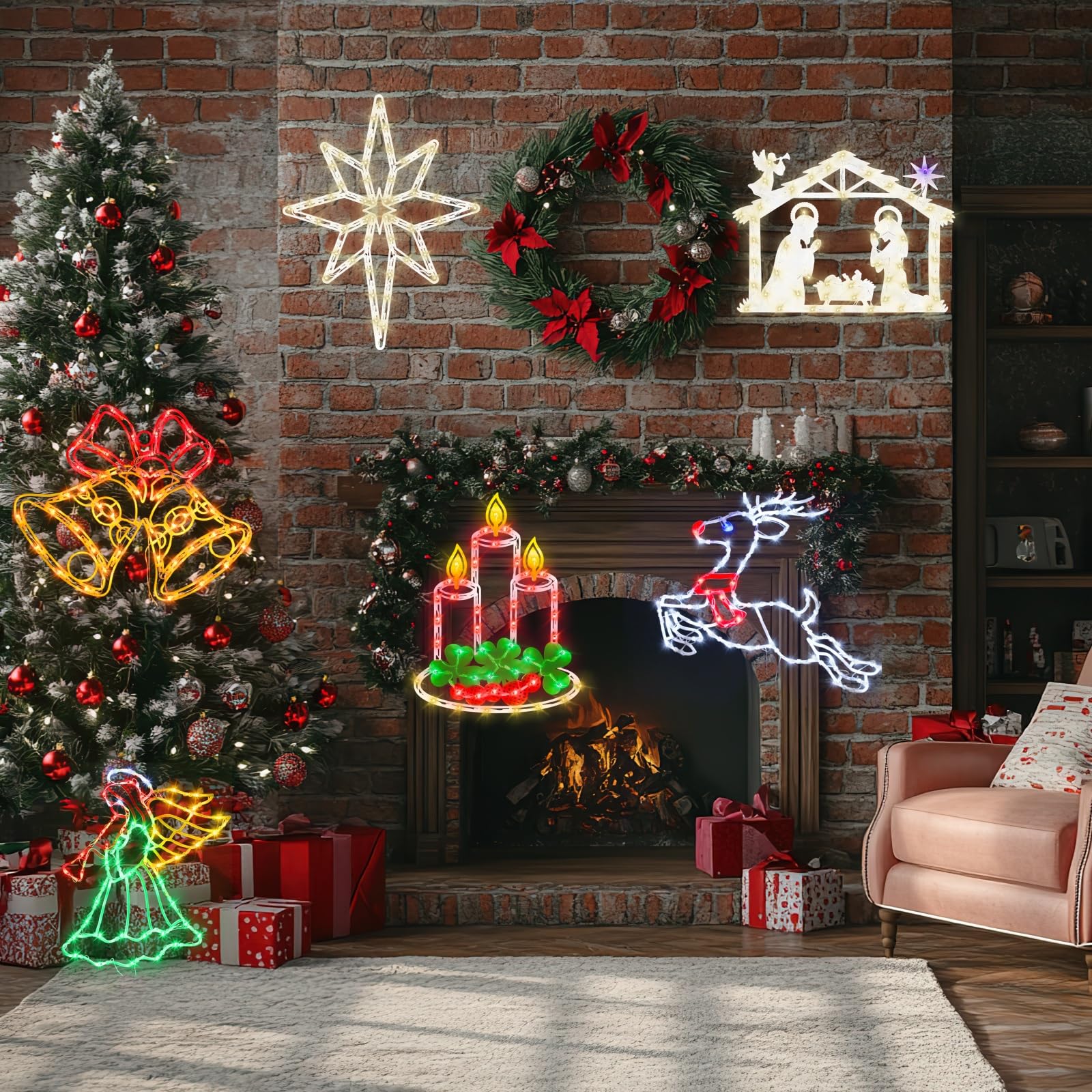 Luces de silueta de ventana de Navidad de 16 pulgadas, paquete de 6 unidades de color iluminado reno y Belén estrella y nacimiento y vela y ángel y campana para las vacaciones, decoración de