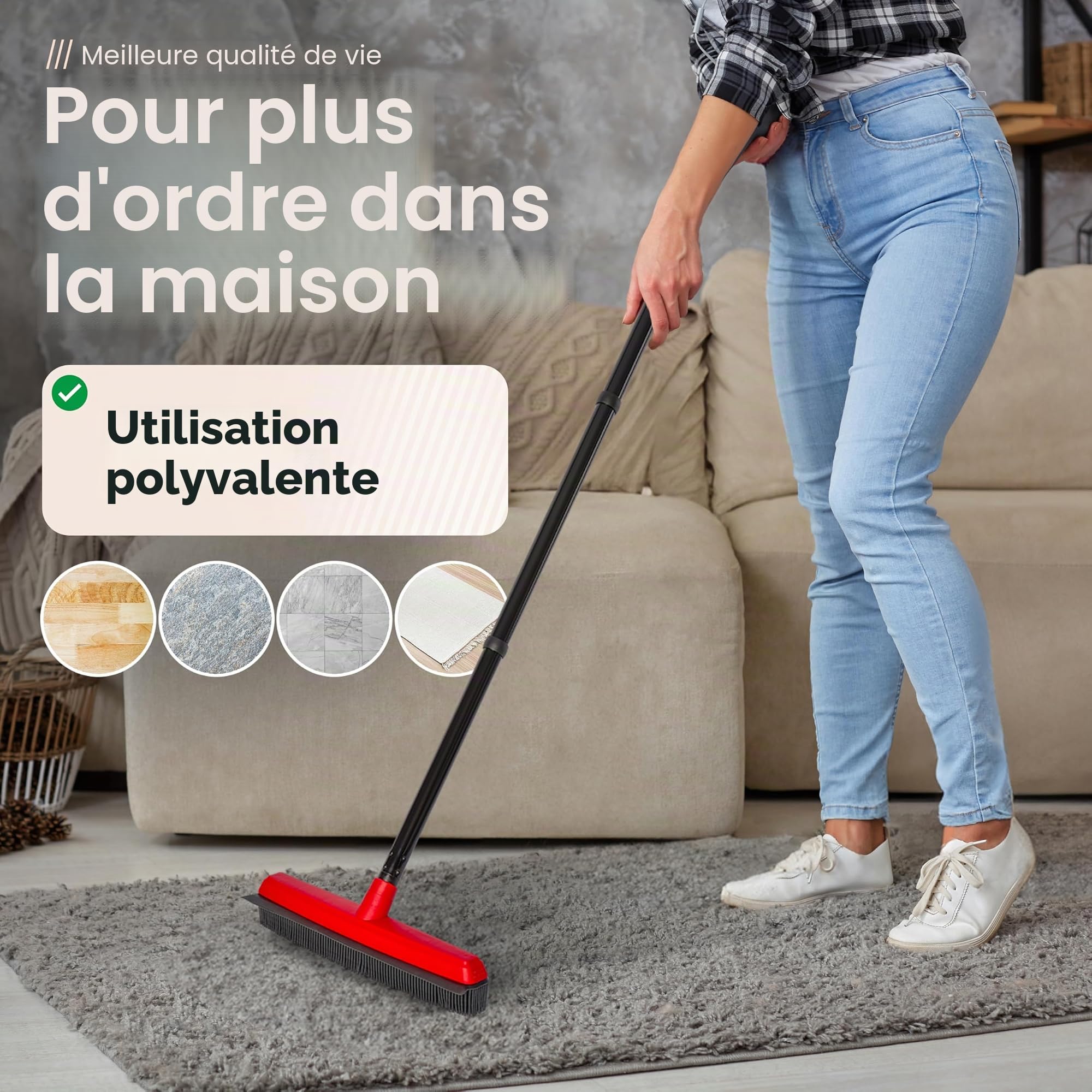 Novaliv Balai en Caoutchouc avec Manche à Piquer et Balayette - Set de Coiffeur - Épilateur pour Chien - Broom - Parquet - Pour l'Intérieur - Extracteur de Tapis