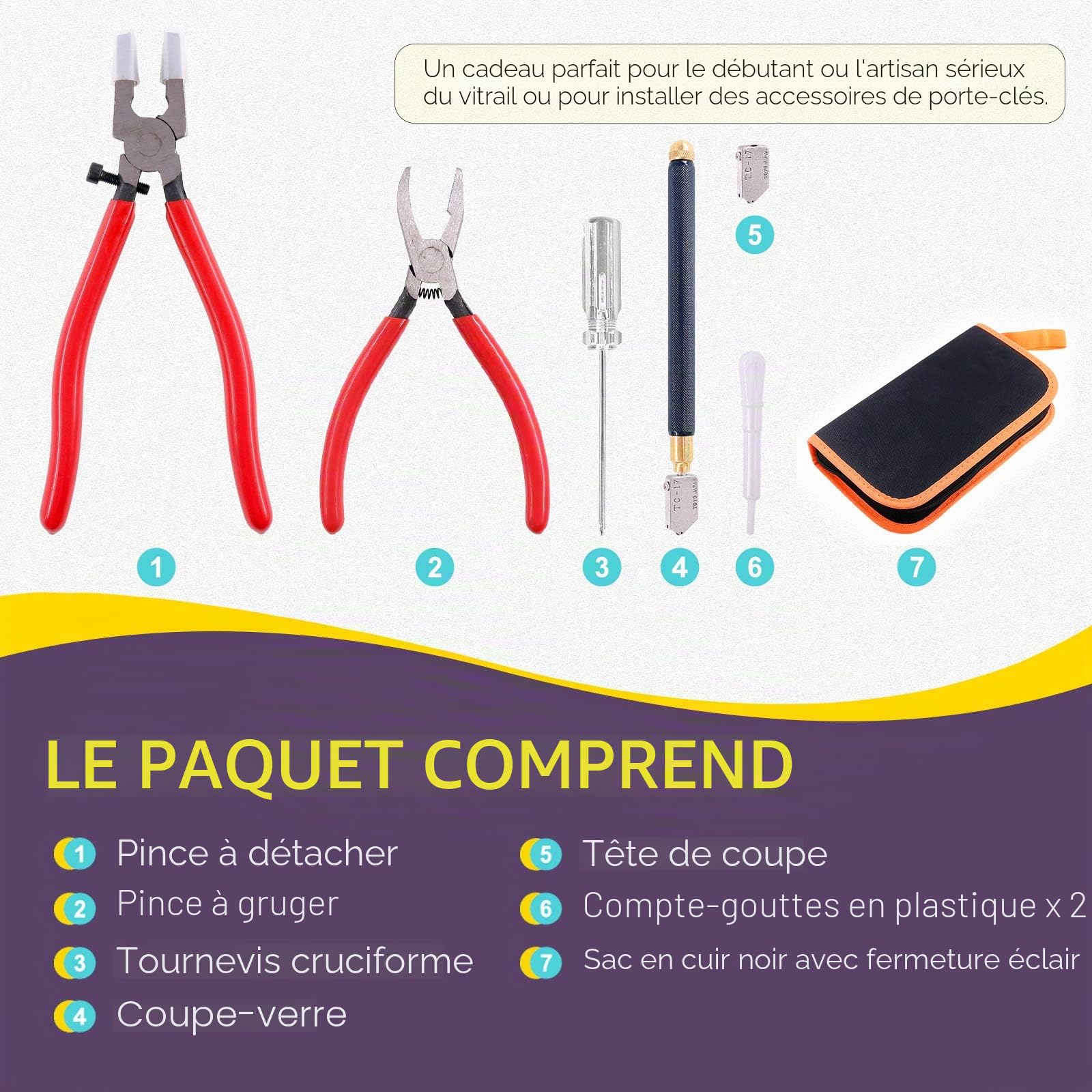 Swpeet Kit d'outils de Coupe Verre 9 Pièces avec Pince à Épiler Courbée et Embouts en Caoutchouc, Coupe-verre à Pointe en Carbure d'Alimentation en Huile, 2 Lames