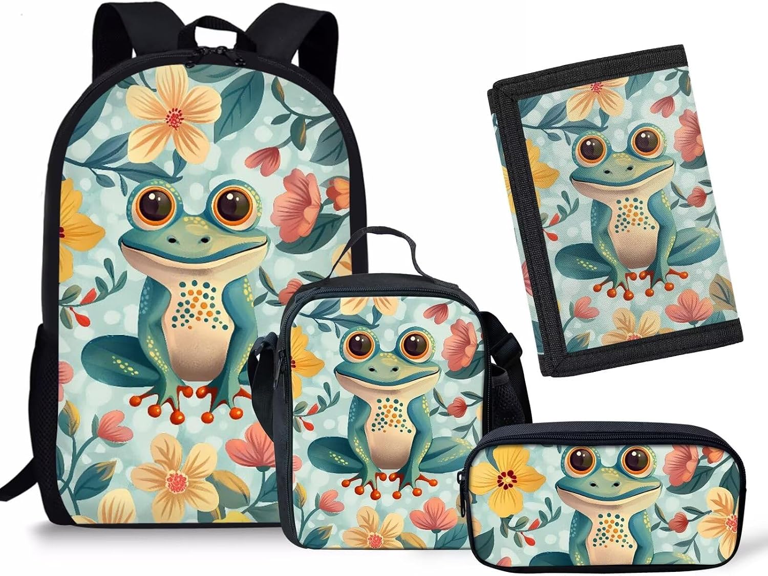 Rnyleeg 4 In 1 Children Frog Backpack for Girls Floral Frog Animal School Bag Bookbag with Insulated Lunch Bag Pencil Box and Toddler Trifold Wallets