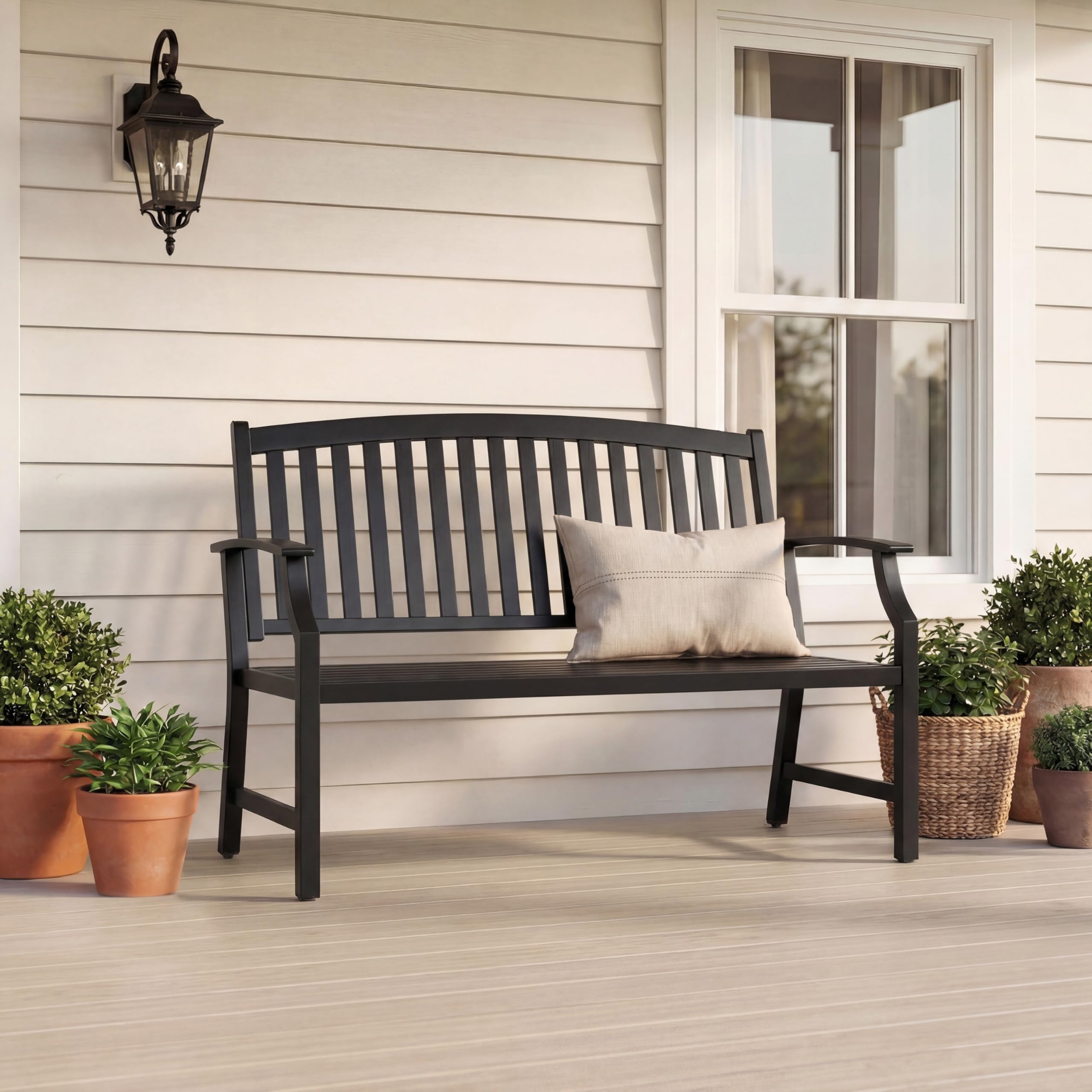 Grand patio Metal Garden Bench, Park Bench with Backrest & Armrest, Reclining Bench Retro Style for 2-3 Seater, Garden Furniture Benches for Garden, Park, Balcony (Black)