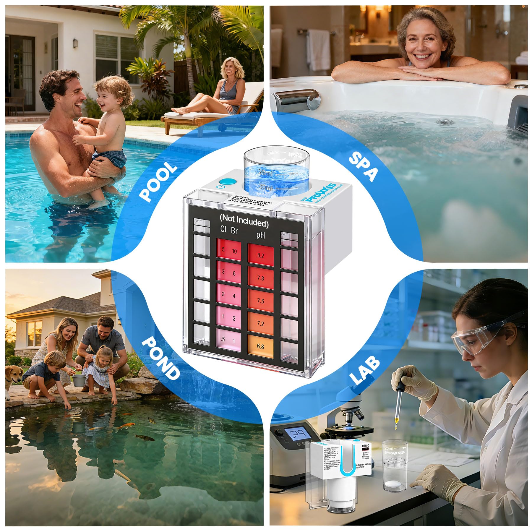 PRAXXIS Kit per test di chimica dell'acqua della piscina, scatola luminosa a scatto, agitatore magnetico automatico integrato, miscelatore magnetico con controllo a pulsante, kit di test dell'acqua