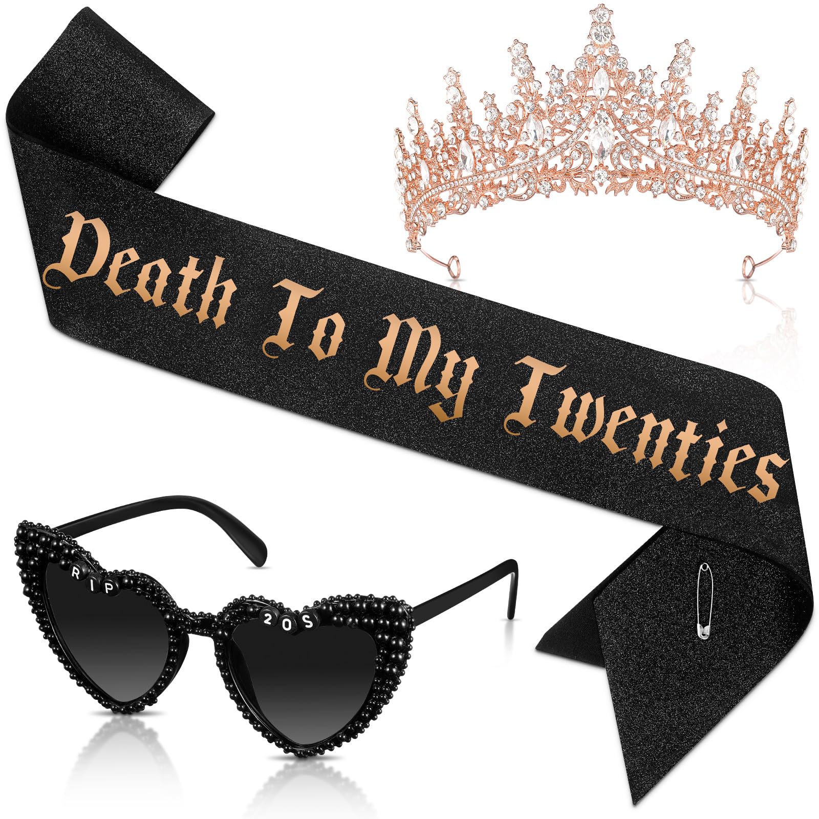 JaGely 3 Pcs 30th Birthday Party Accessories Set, Gothic Crown Tiara Rip to My 20s Sash and Death to 20s Sunglasses(Rose Gold,Death to My Twenties)