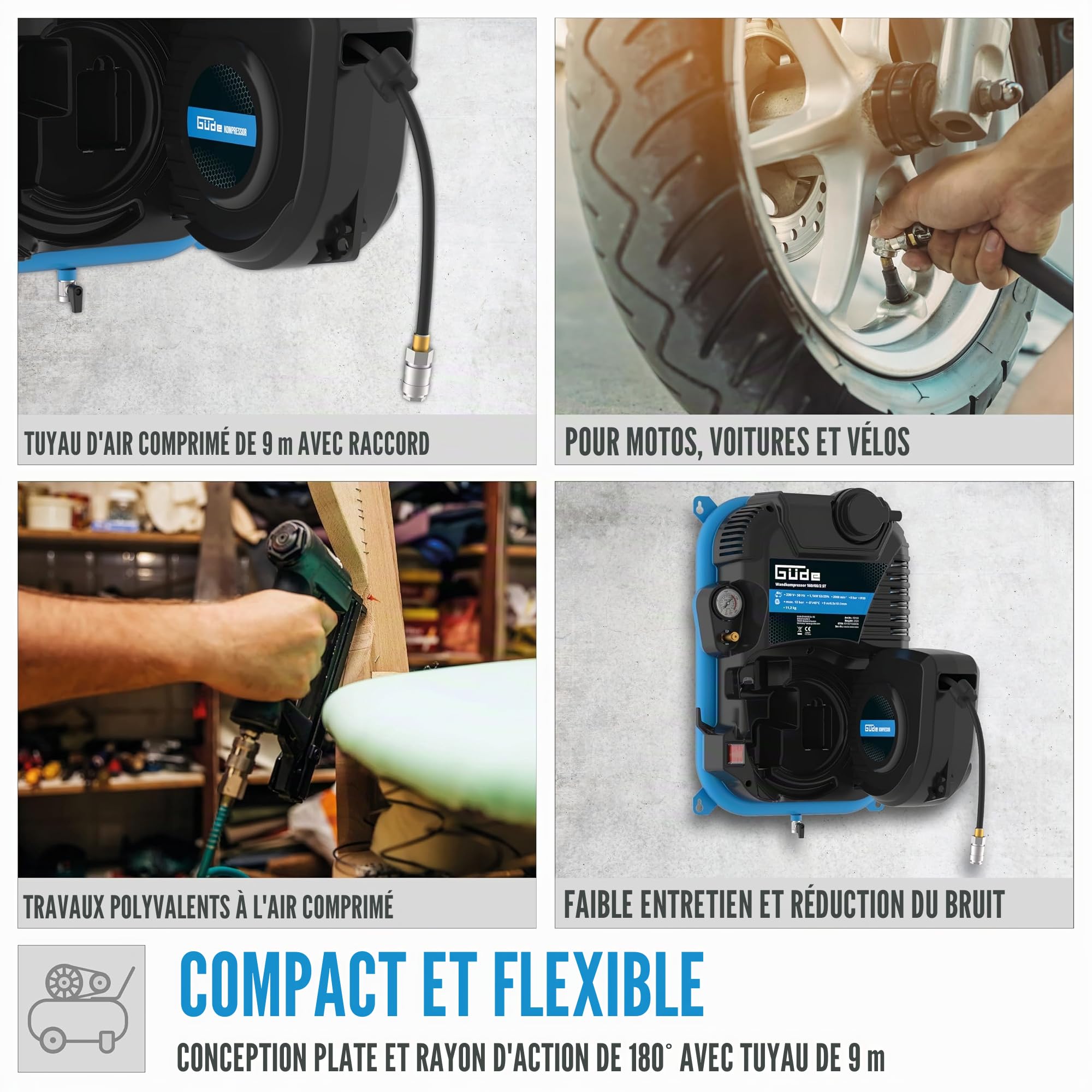 Güde Compresseur mural 160/08/2 ST (1100 W/230 V, max. 8 bar, 90 l/min eff. Quantité livrée, sans huile, montage mural peu encombrant, enrouleur automatique pivotant à 180° intégré, tuyau à air
