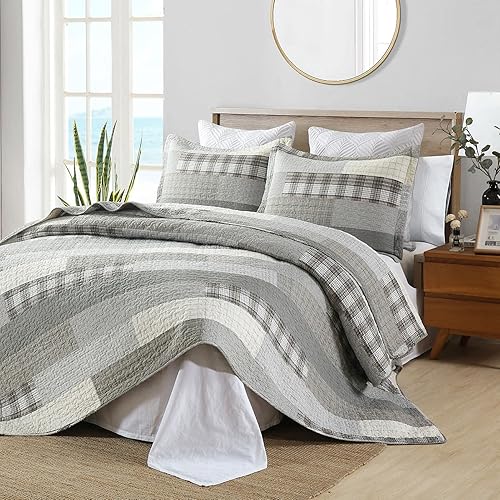 Miniatura 2 de PANGUSHAN Juego de edredón tamaño King, juego de ropa de cama 100% algodón, gris (gris)cremacaqui, retazos a cuadros, rústico, reversible, ligero,