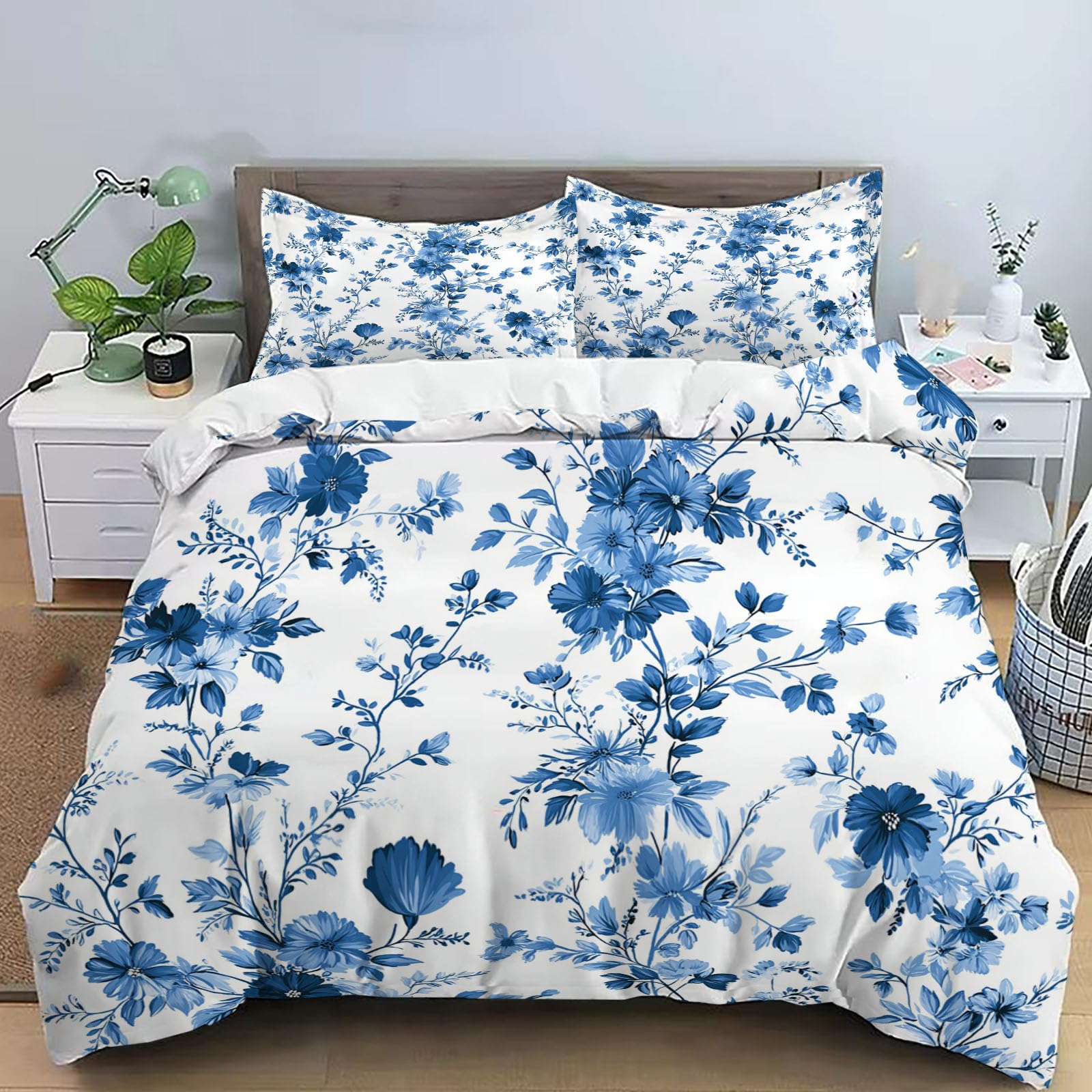 Housse de couette bleu blanc fleurs en microfibre douce zippée