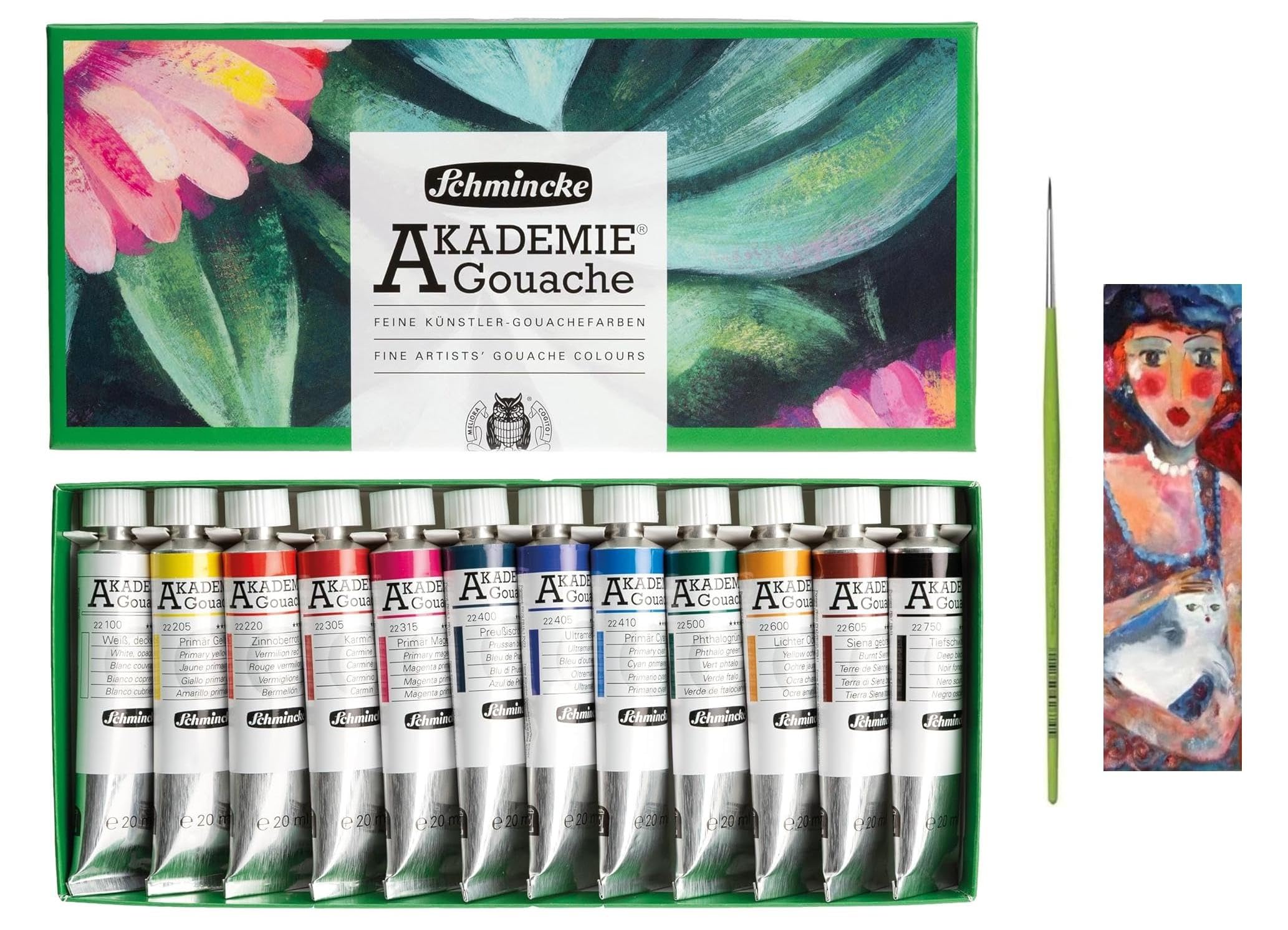 Schmincke - AKADEMIE® Gouache, 12 Tuben à 20 ml + 1 Pinsel und 1 Karte