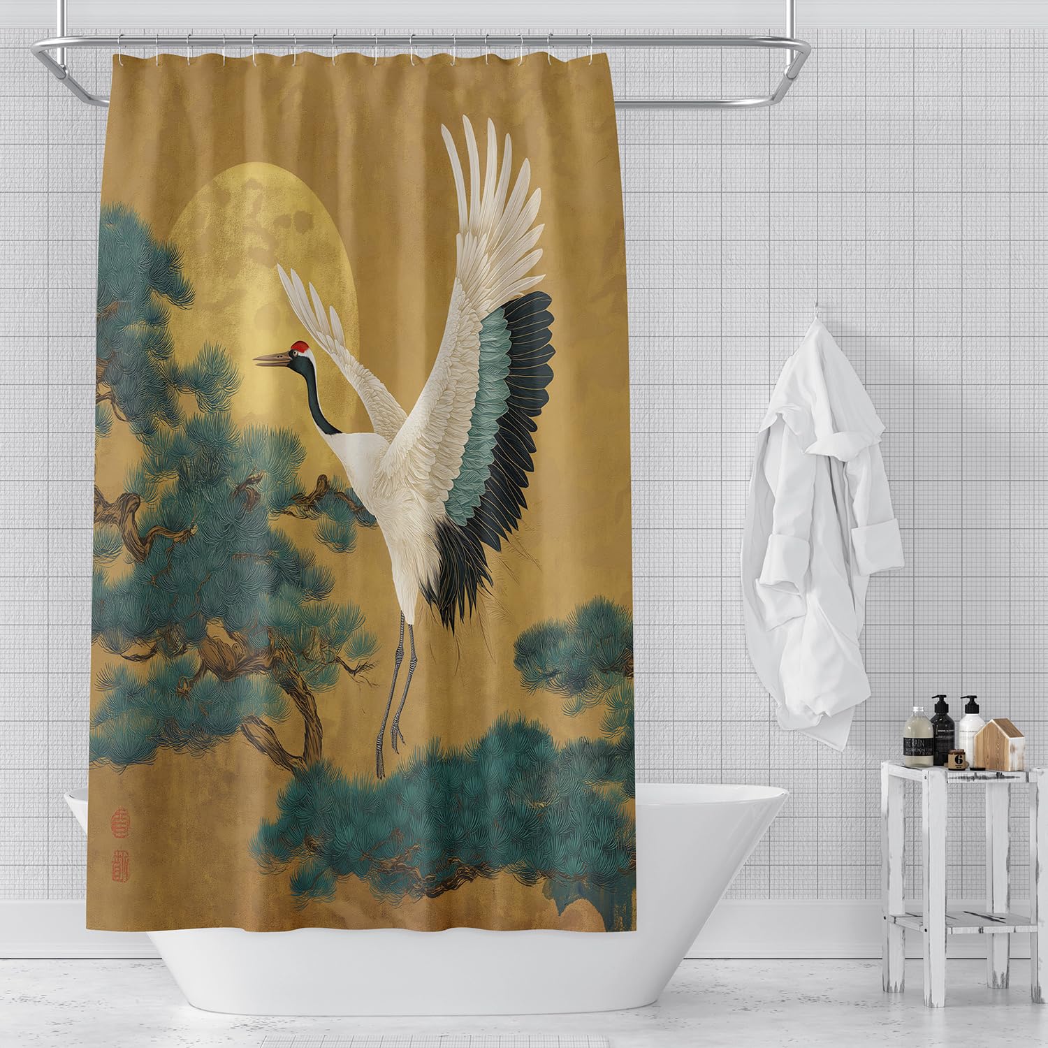 Duschvorhang 200x200 mit Japanischem Weißen Kranich, Blauen Kiefern und Mond, Badezimmervorhang, Braun, Wasserdichtes Polyestergewebe für Nassraum Badezimmerdekor mit Haken, B200 x H200 cm (1Er Pac