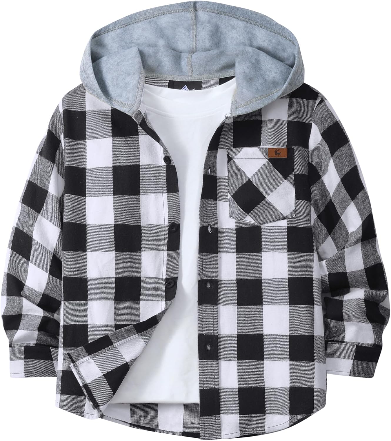 Boys Long Sleeve Button-up Shirt with Hood Unisex Kids Cotton Plaid Hoodie Flannel Fall Shirts for 6-15 Years