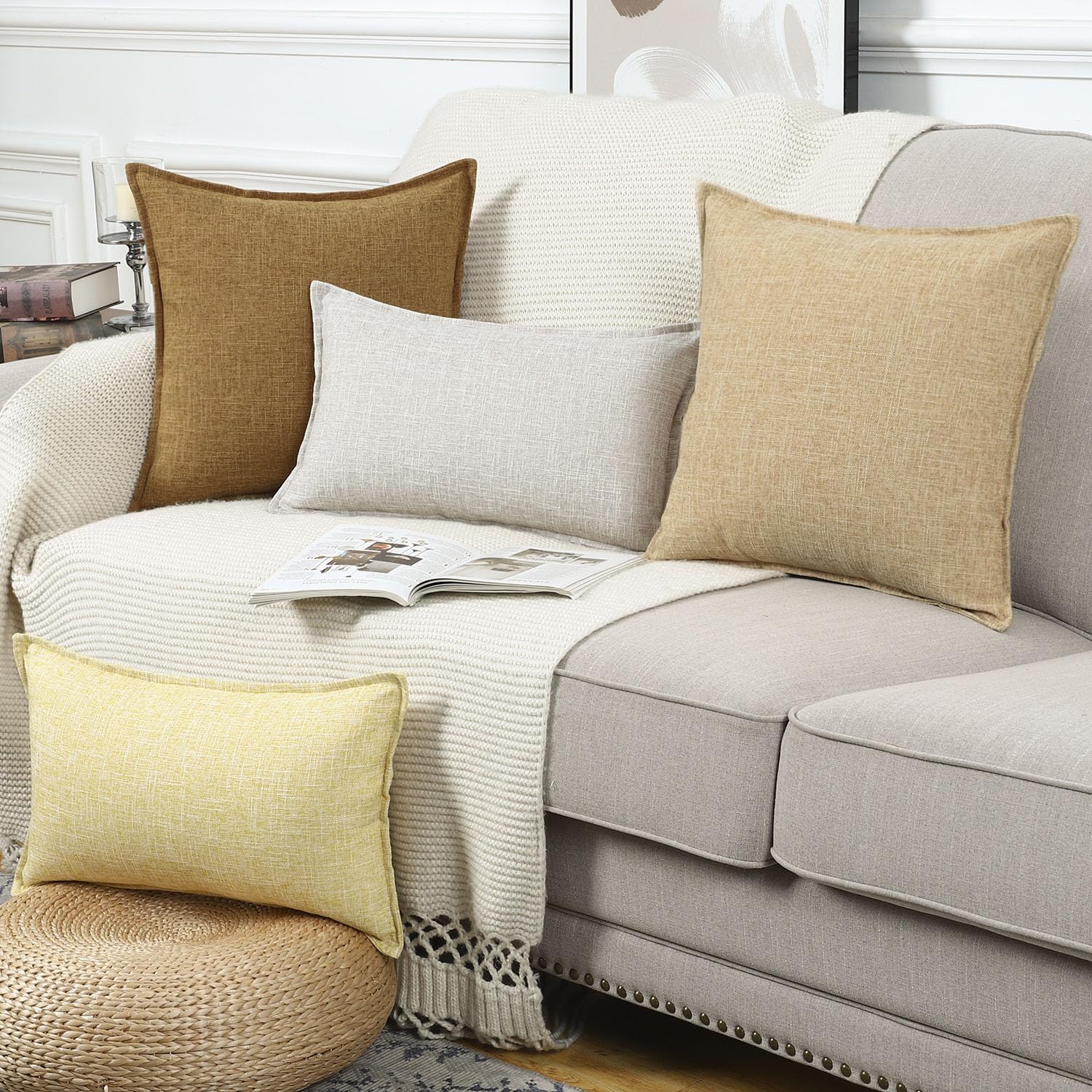 Copricuscini In Lino Morbido Madizz - Set 2 Pezzi 50x50cm, Marrone Chiaro | Per Divano E Camera - Foto 4