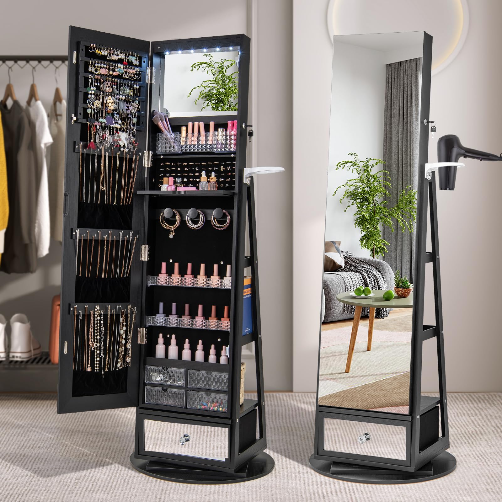 COSTWAY Armario Joyero con Luces LED, Espejo Entero Giratorio 360°, Cerradura, Estante para Secador, Negro