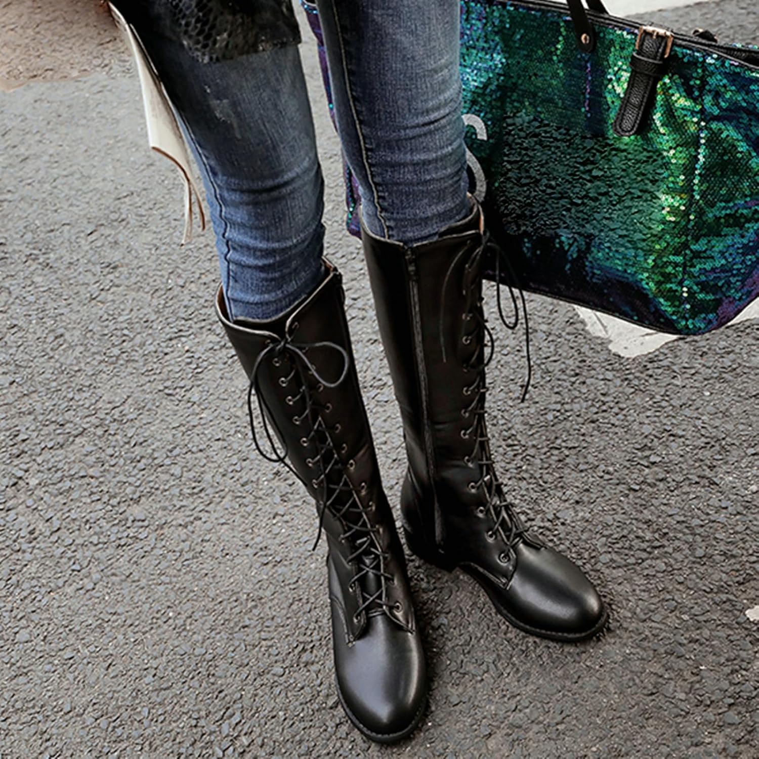 LUXMAX Women Lace Up Knee High Combat Boots Low Chunky Heel Knee Length Boots Closed Toe Tie Up Boots,Flats Knee High Boots