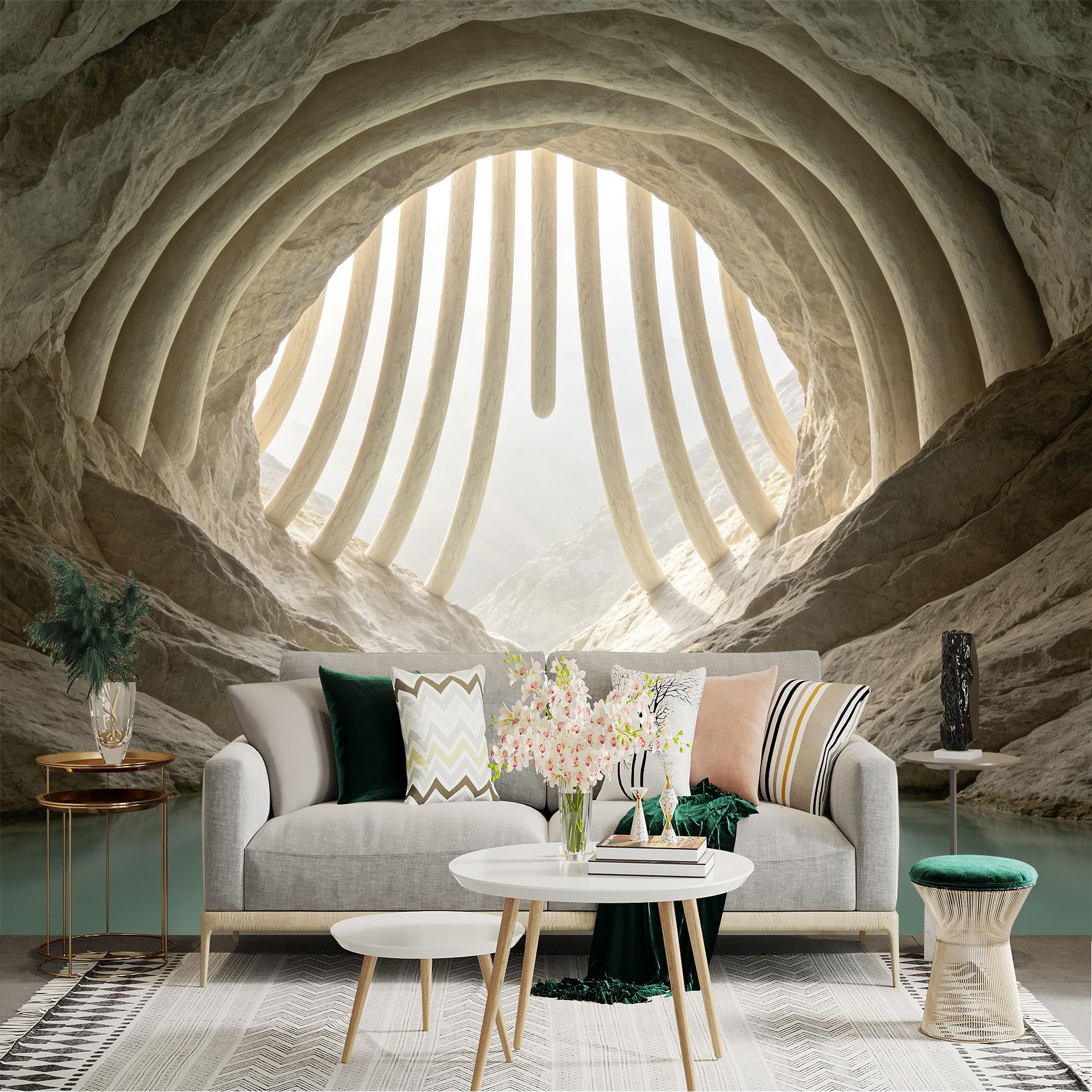 Lnzczhyre Dbh260521293 Custom Size Wall Sticker Mural， Abstract Stone Cave With Sunlit Pillars， Serene Underground Lake， Surreal Geological Formation， For Wall Decoration， Peelandstick Wall Decals.