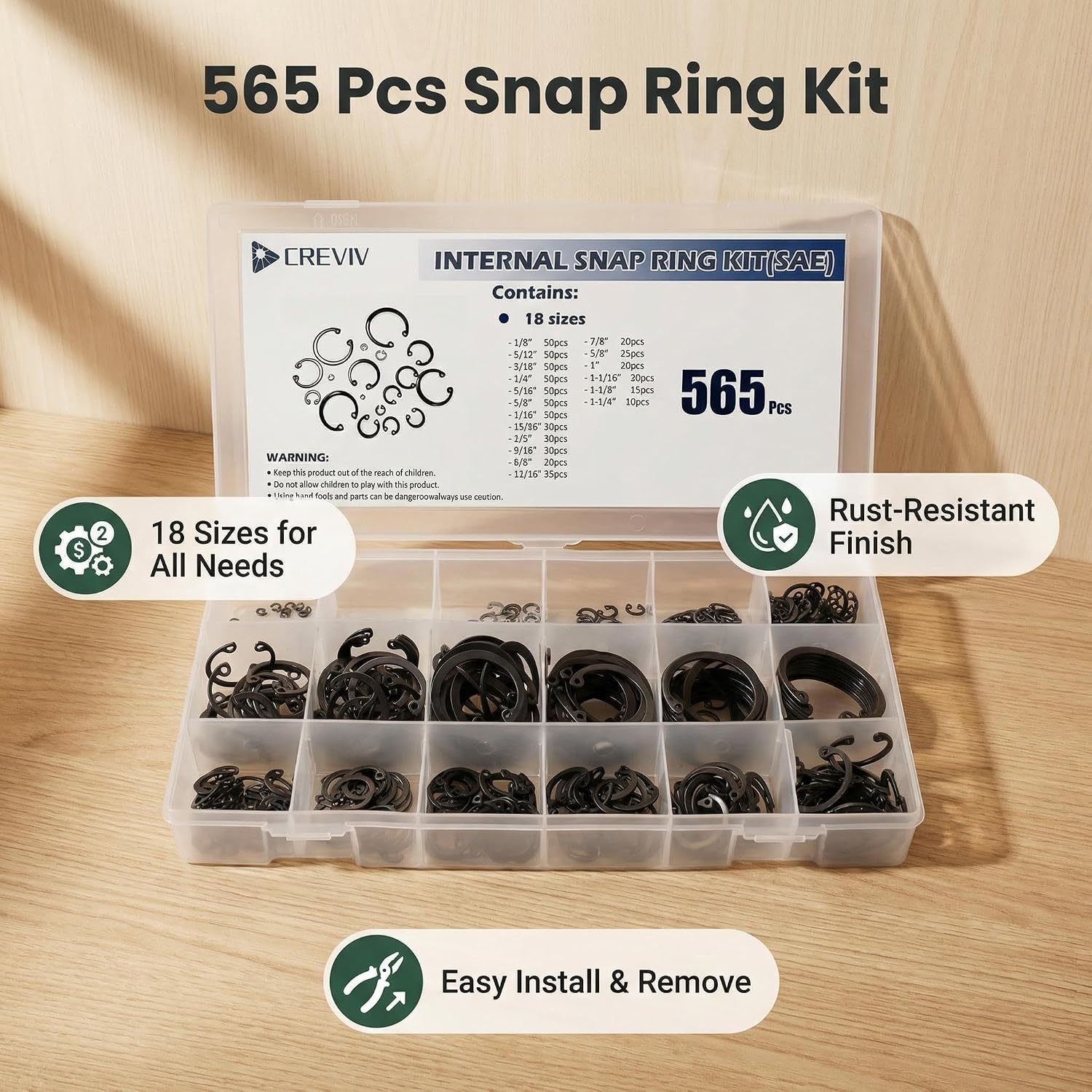 Internal Snap Ring Kit SAE, 565Pcs, 18 Sizes (1/8"-1-1/4")