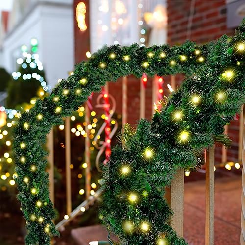 Miniatura 6 de Juego de 6 guirnaldas de Navidad preiluminadas de 9 pies con luces y 5 lazos de Navidad rojos gigantes, 50 luces LED, guirnalda a pilas para