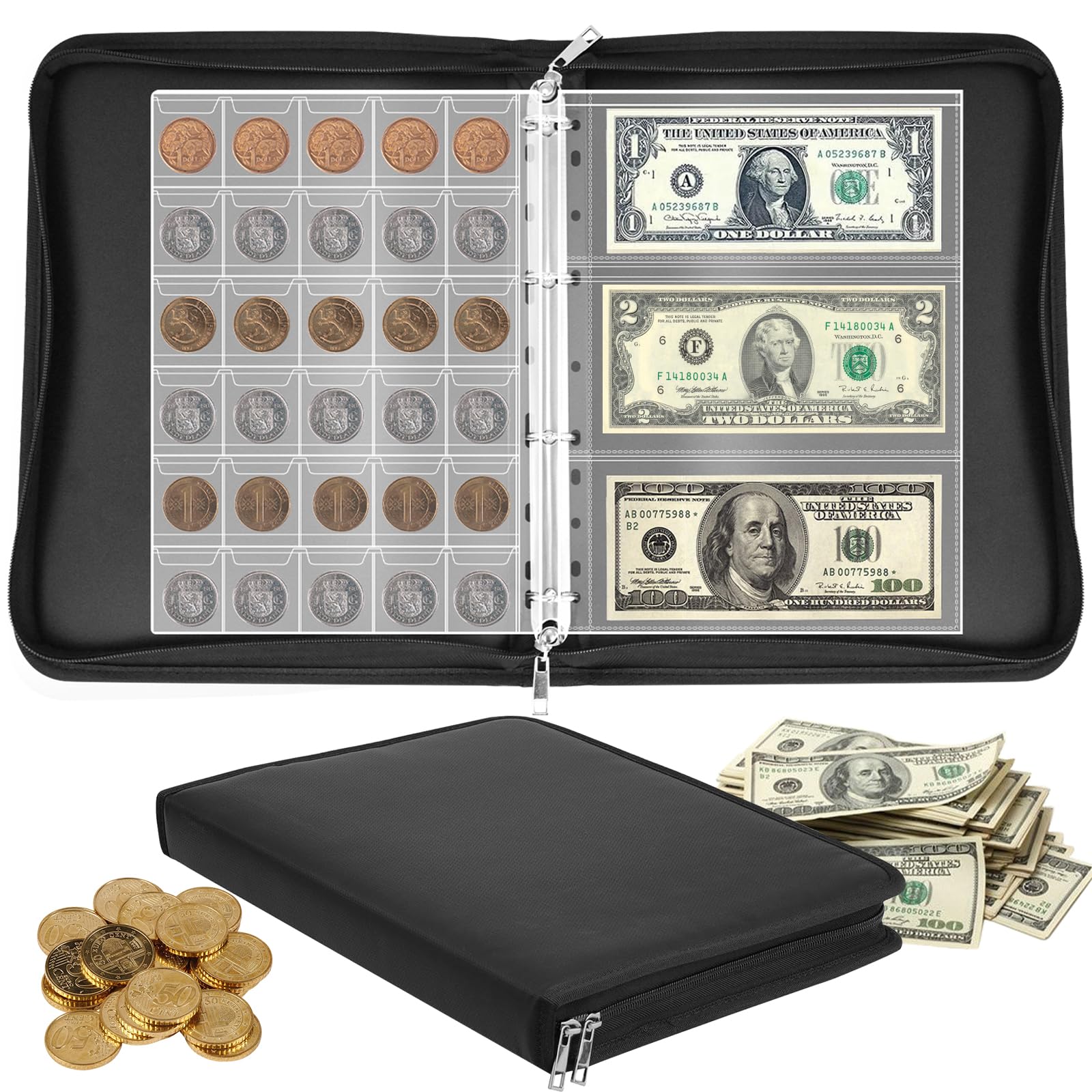 Yunkctuk Album Coin Collection Storage 300 Coins and 36 Banknotes, Coin Book with 24 Pages